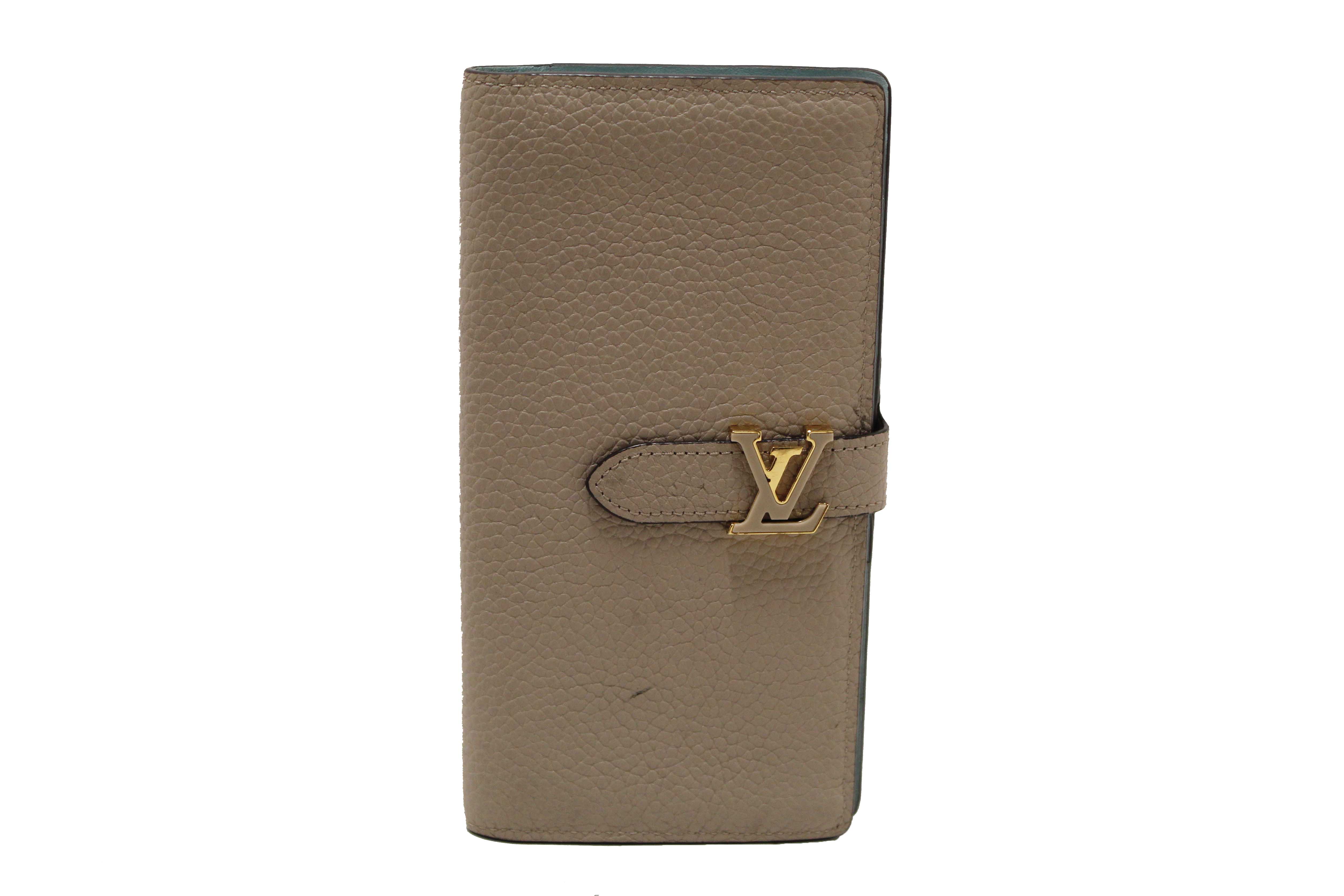 Authentic Louis Vuitton Galet Grey Grained Taurillon Leather LV Vertical Wallet