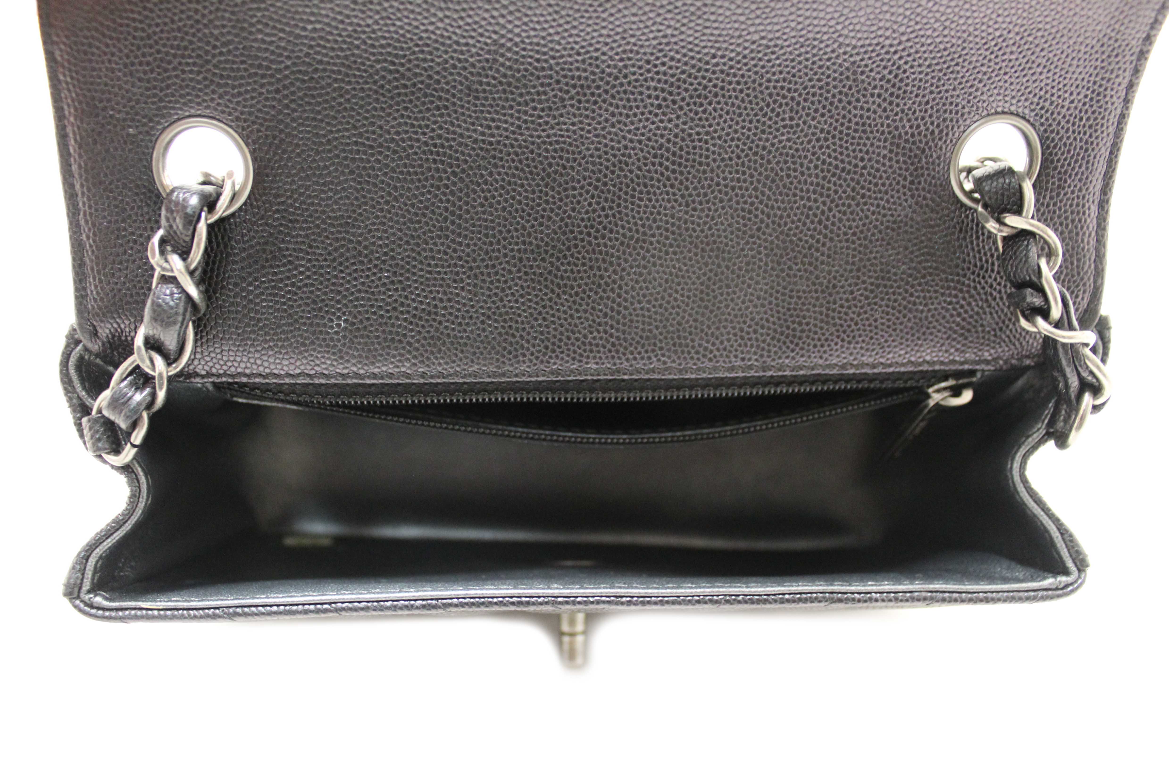 Authentic Chanel Black Iridescent Caviar Chevron Quilted Mini Rectangular Flap Bag