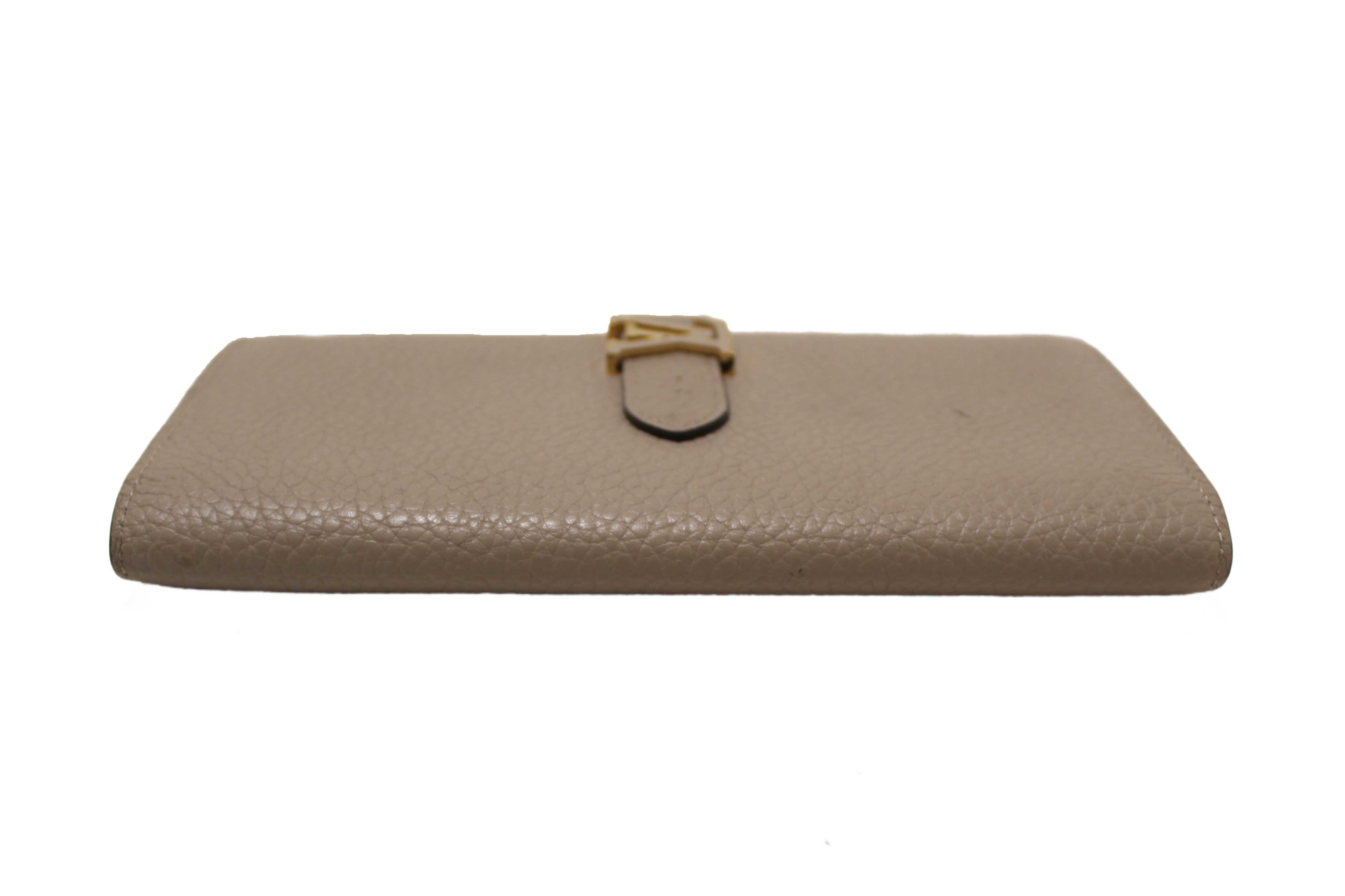 Authentic Louis Vuitton Galet Grey Grained Taurillon Leather LV Vertical Wallet