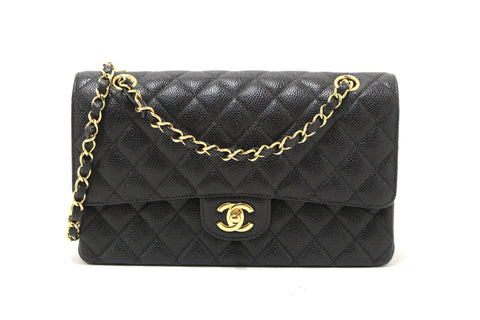 Authentic Chanel Classic Black Quilted Caviar Leather Classic Medium Double Flap Bag