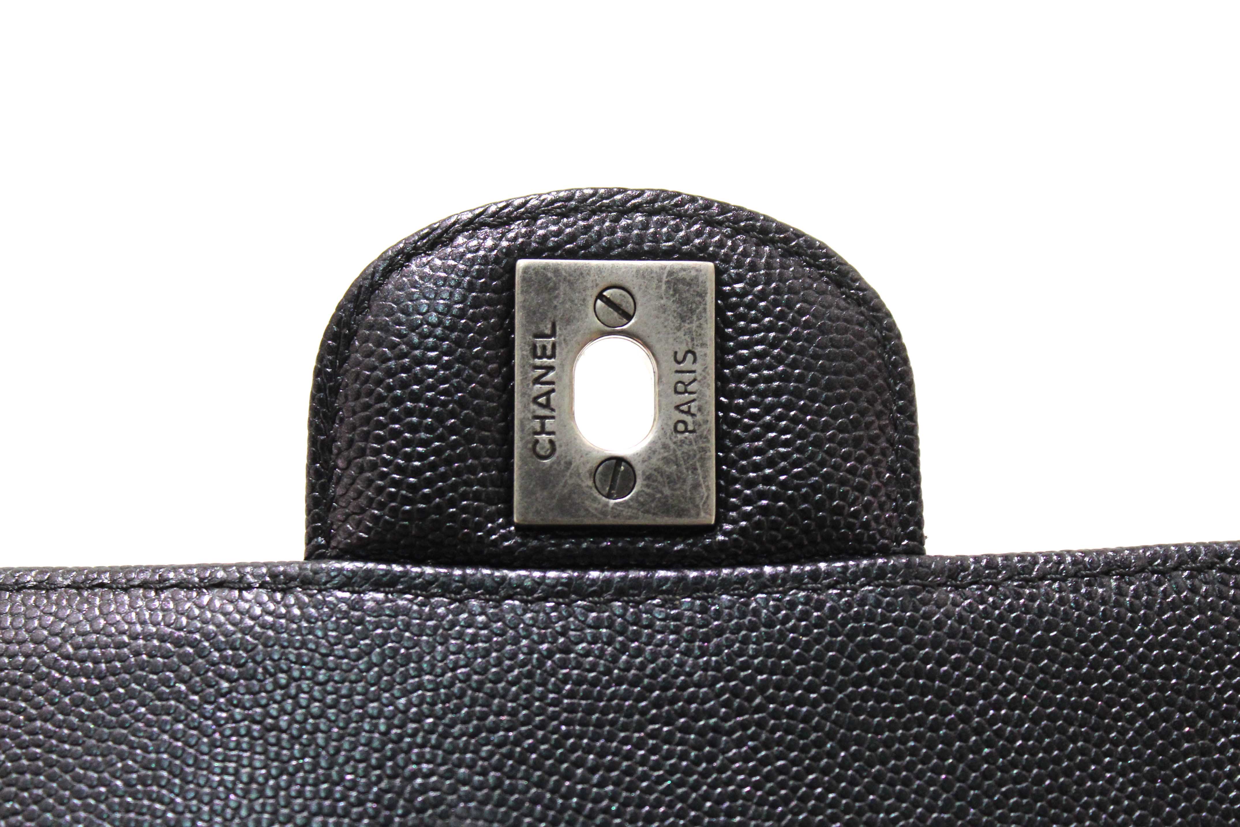 Authentic Chanel Black Iridescent Caviar Chevron Quilted Mini Rectangular Flap Bag