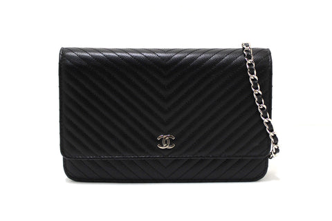 Authentic Chanel Black Chevron Caviar Leather Wallet On Chain WOC Crossbody Bag