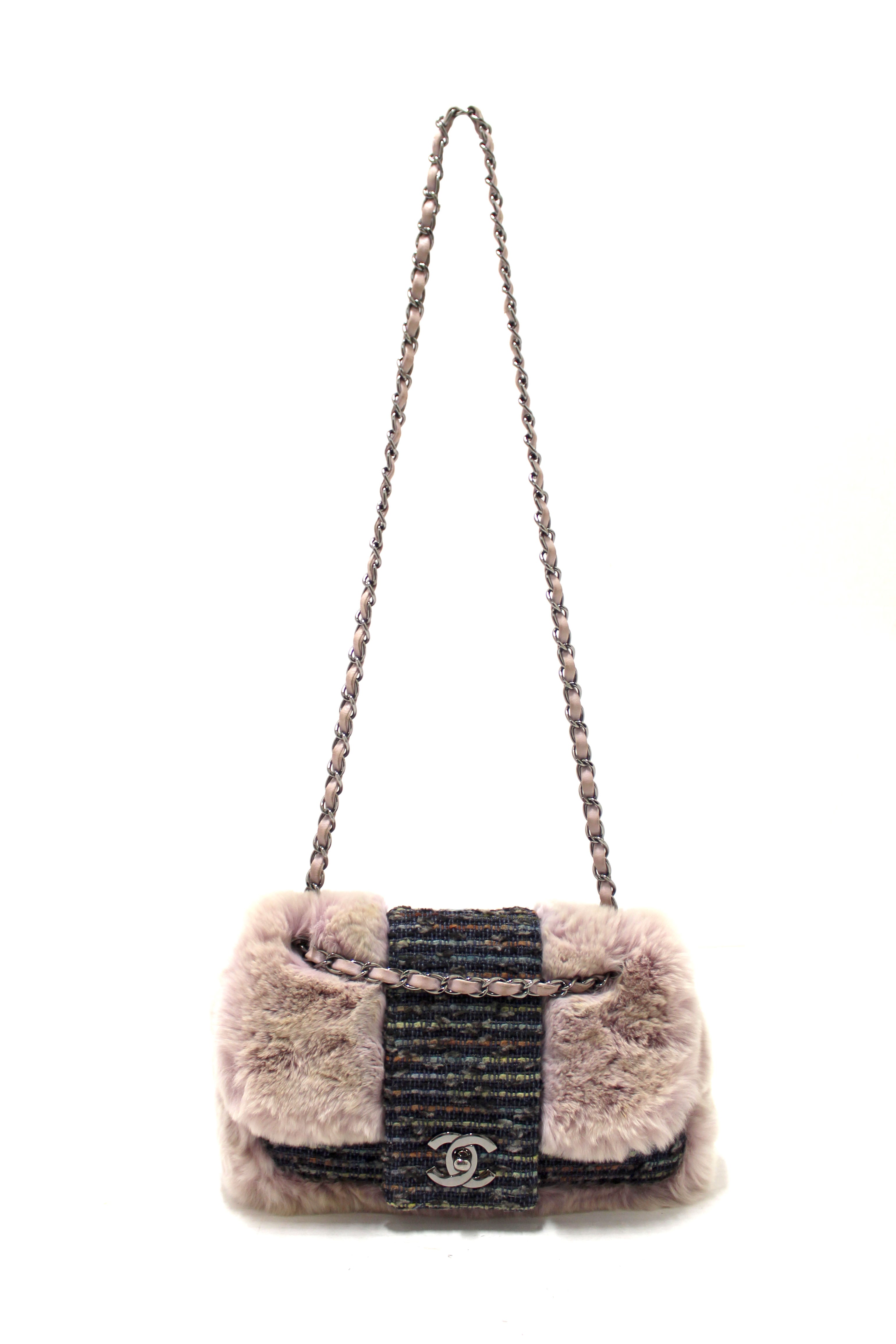 Authentic Vintage Chanel Lilac Purple Fur Blue Tweed Flap Chain Shoulder Bag