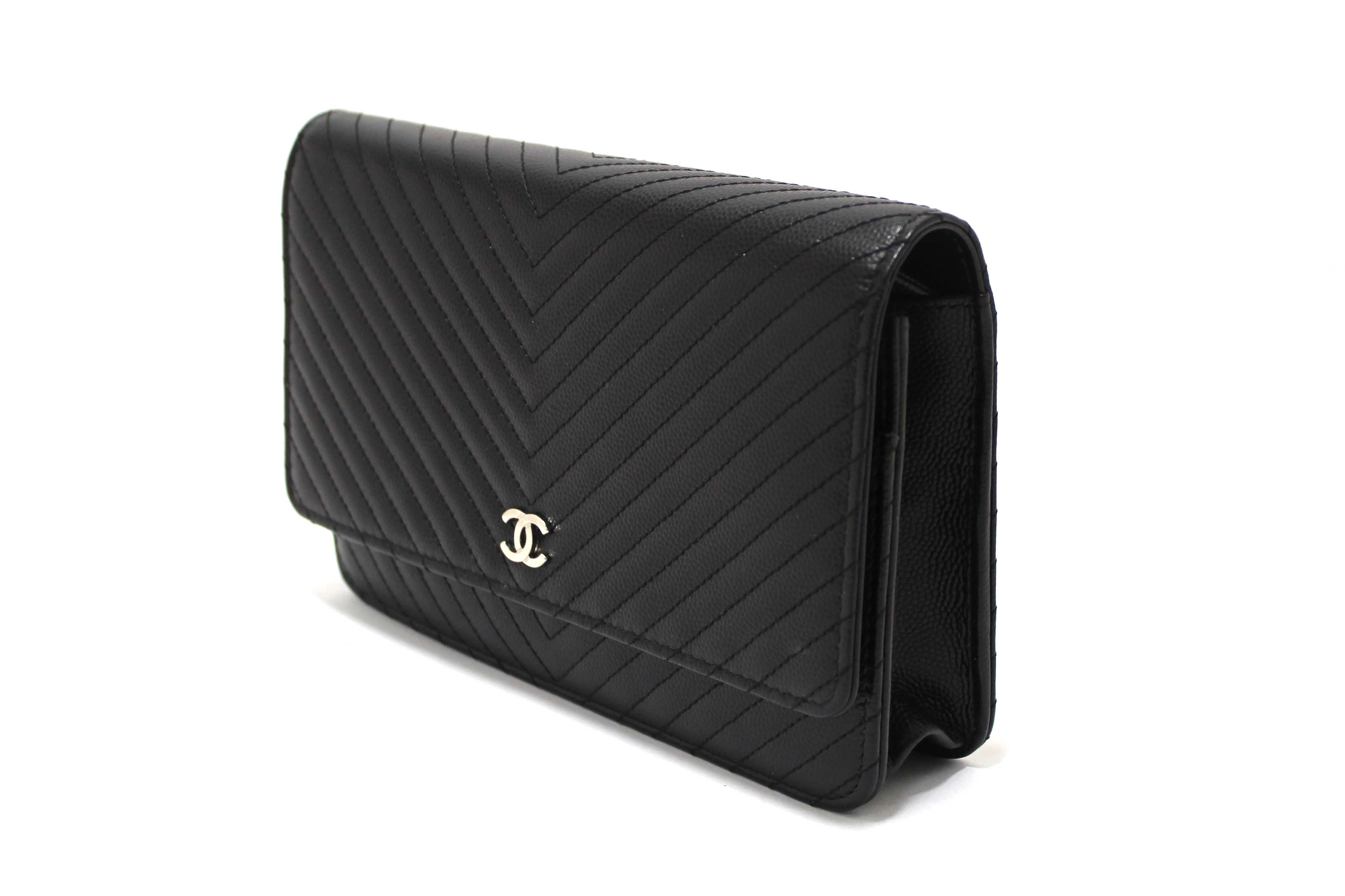 Authentic Chanel Black Chevron Caviar Leather Wallet On Chain WOC Crossbody Bag