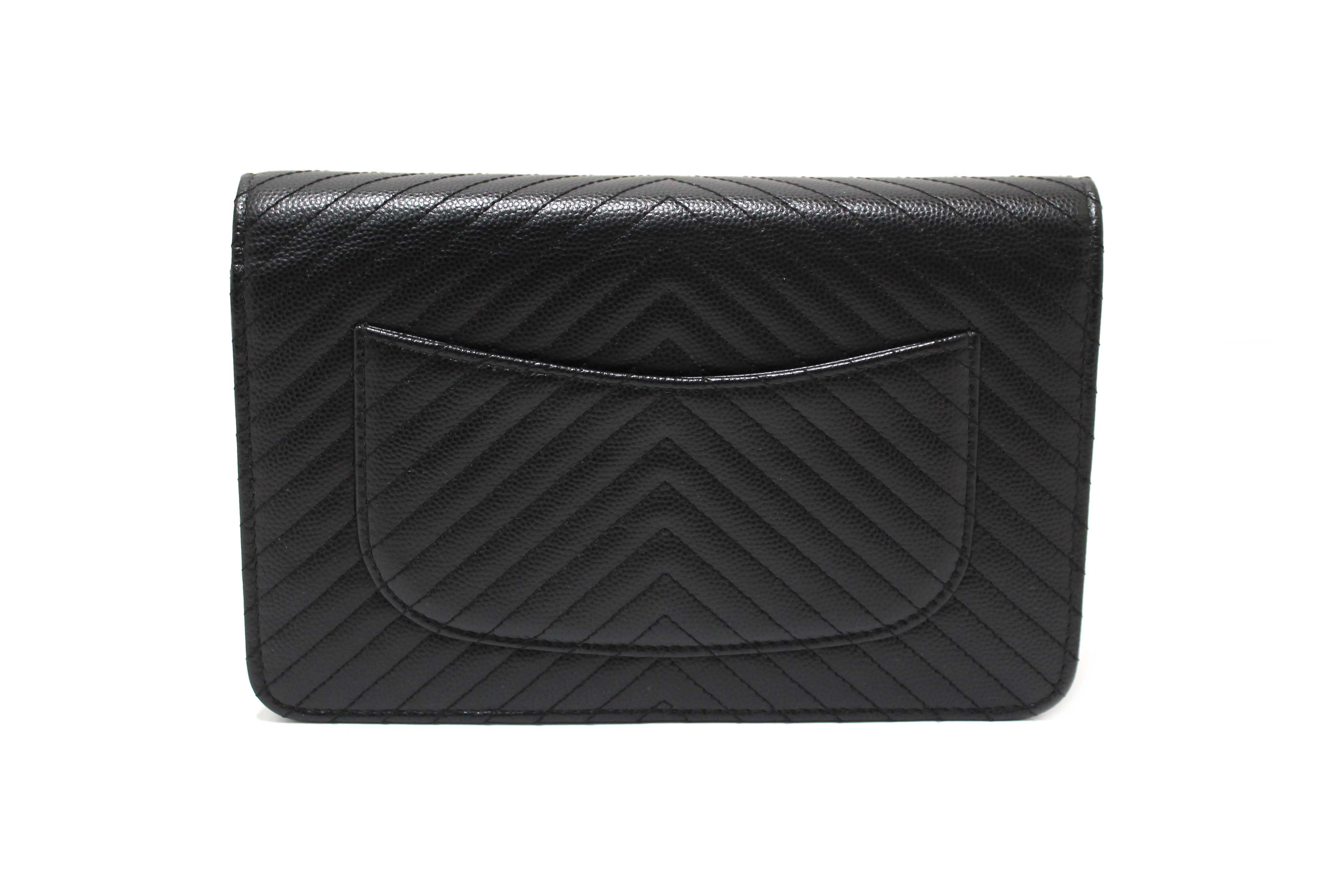 Authentic Chanel Black Chevron Caviar Leather Wallet On Chain WOC Crossbody Bag