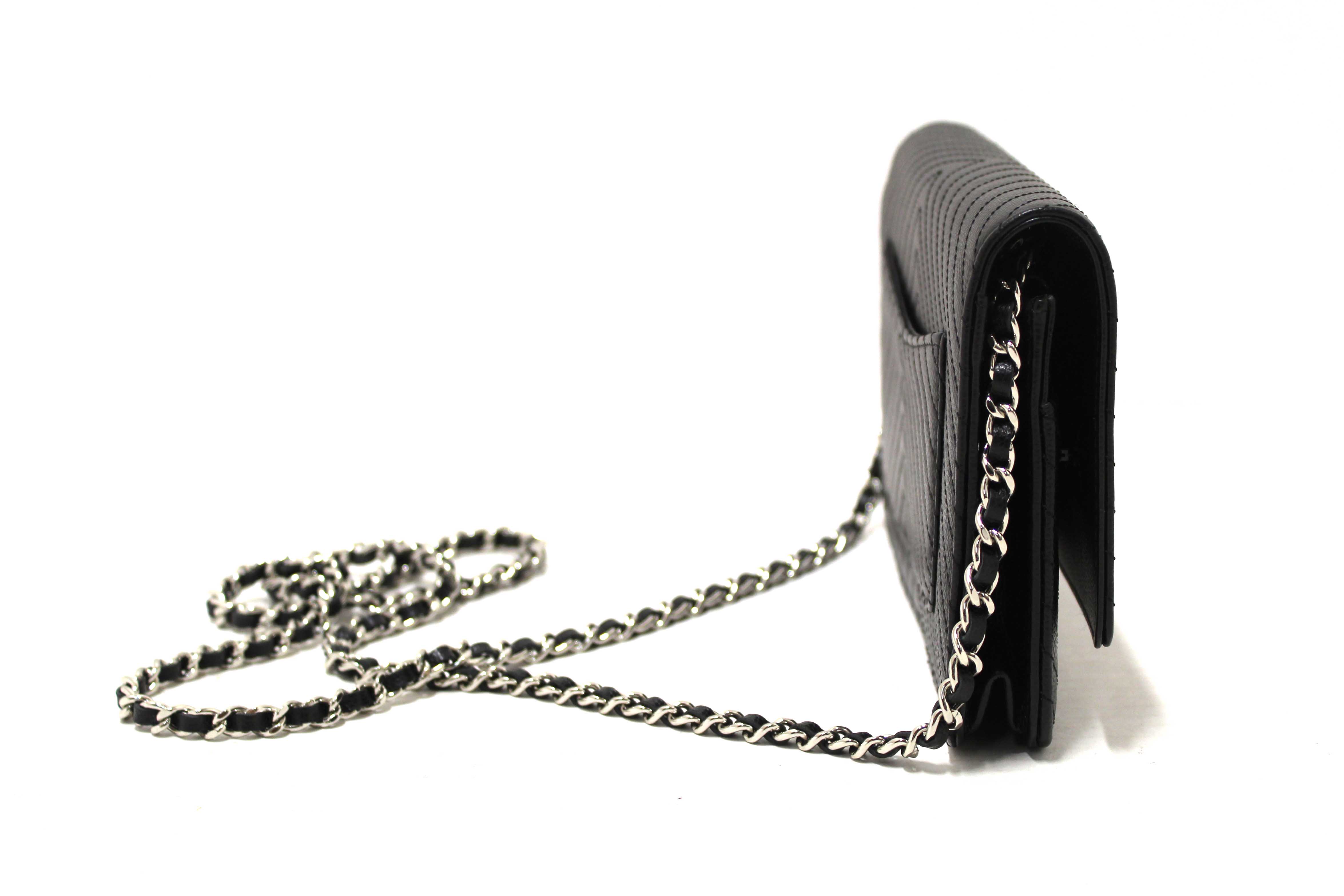 Authentic Chanel Black Chevron Caviar Leather Wallet On Chain WOC Crossbody Bag