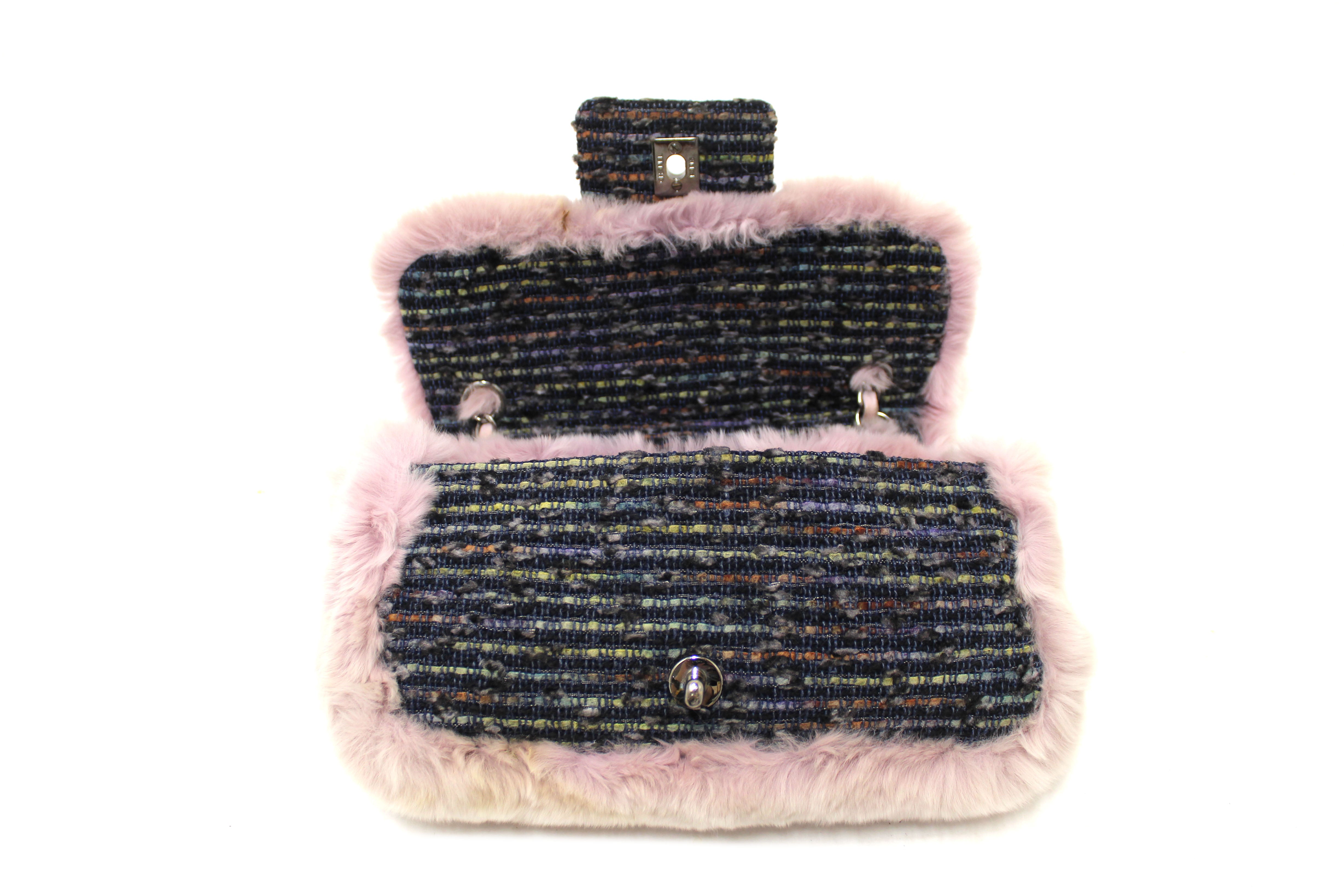 Authentic Vintage Chanel Lilac Purple Fur Blue Tweed Flap Chain Shoulder Bag