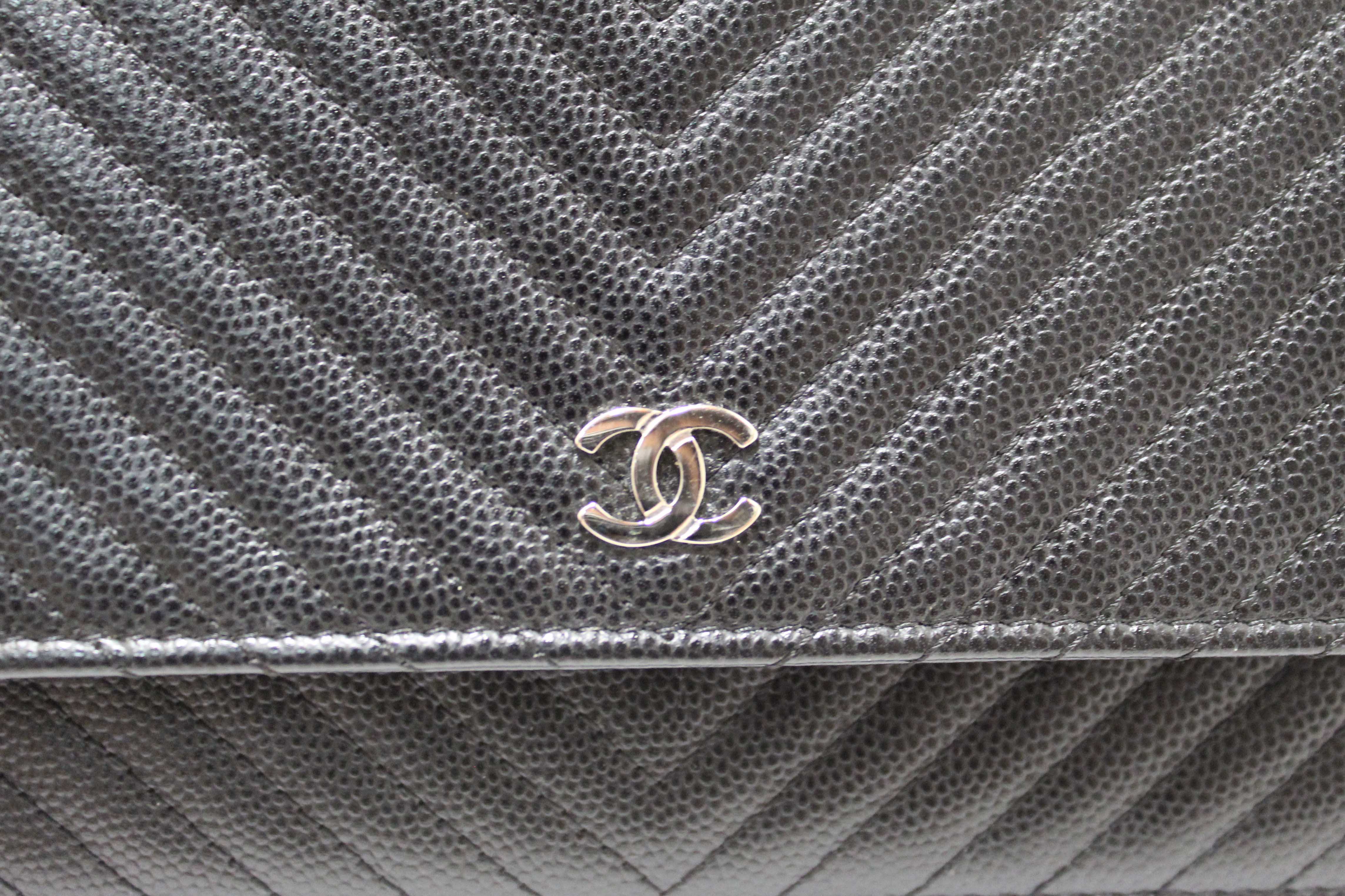 Authentic Chanel Black Chevron Caviar Leather Wallet On Chain WOC Crossbody Bag