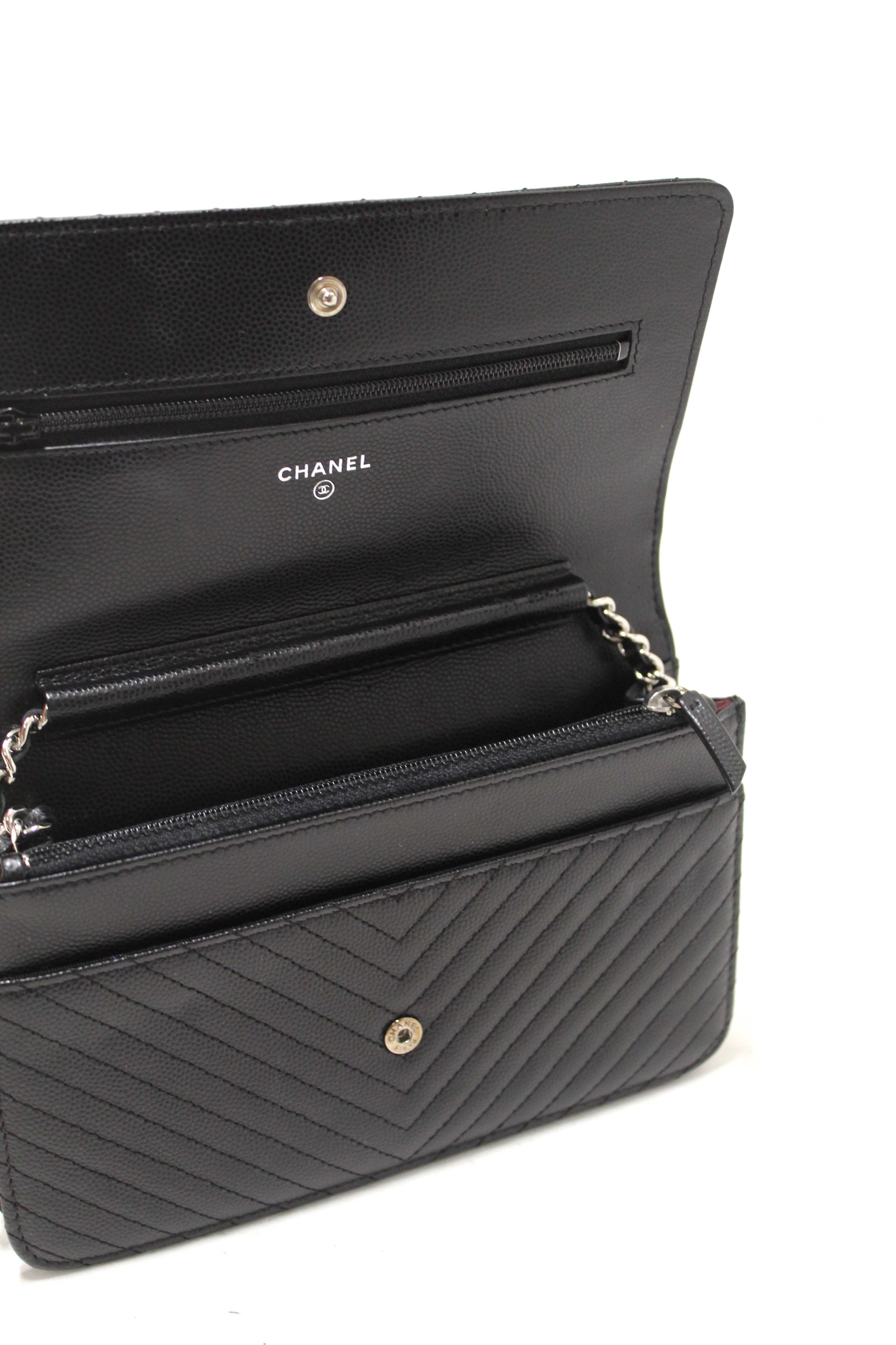 Authentic Chanel Black Chevron Caviar Leather Wallet On Chain WOC Crossbody Bag