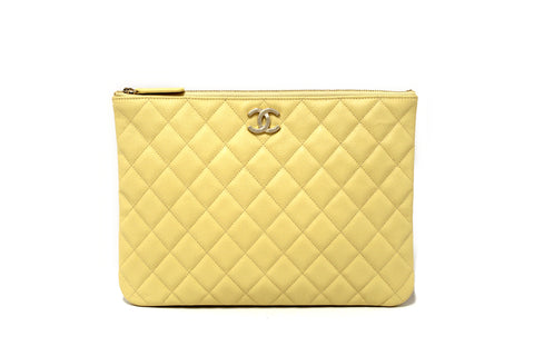 Authentic New Chanel Yellow Caviar Leather Classic Zipped O Case Pouch Clutch Bag