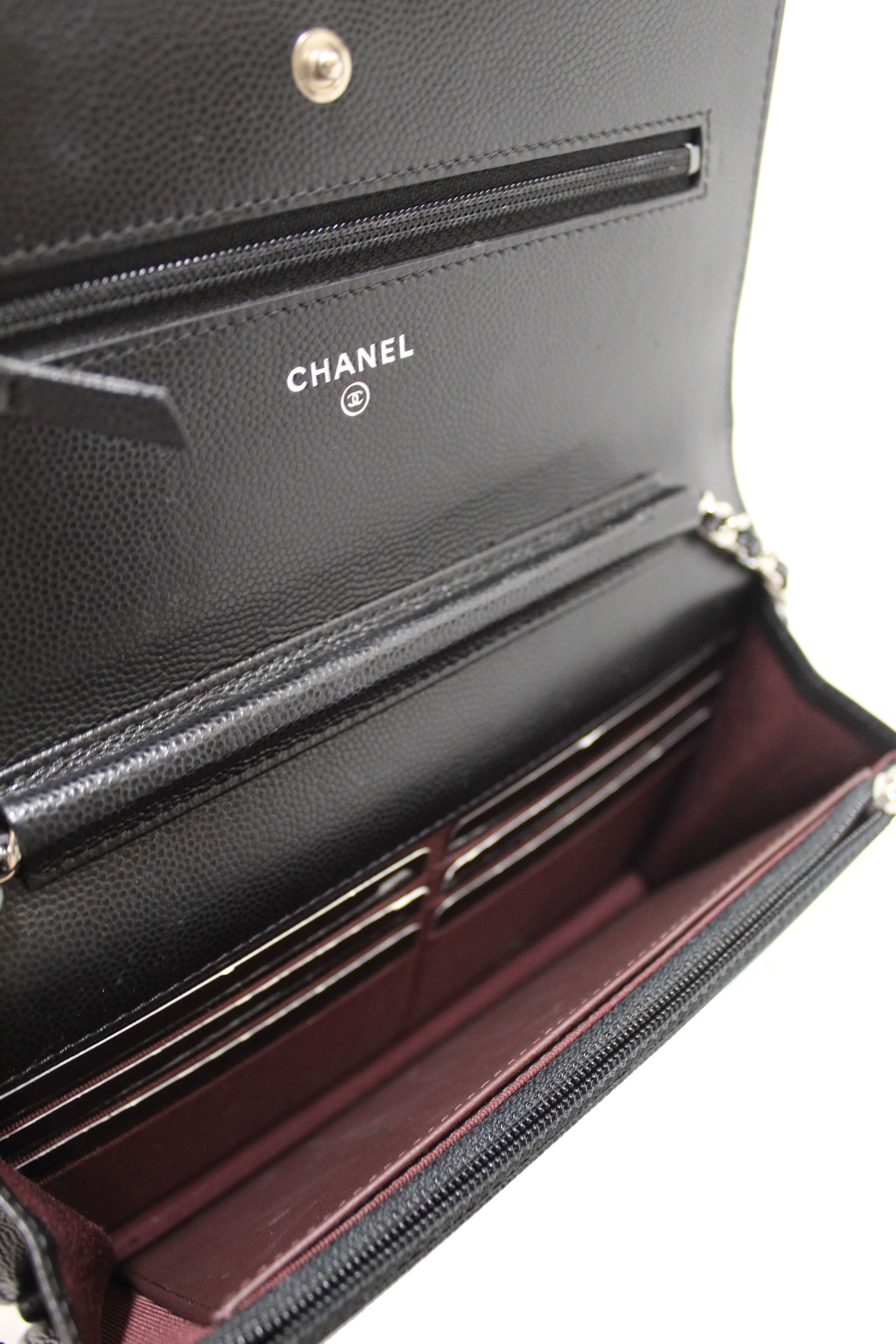 Authentic Chanel Black Chevron Caviar Leather Wallet On Chain WOC Crossbody Bag