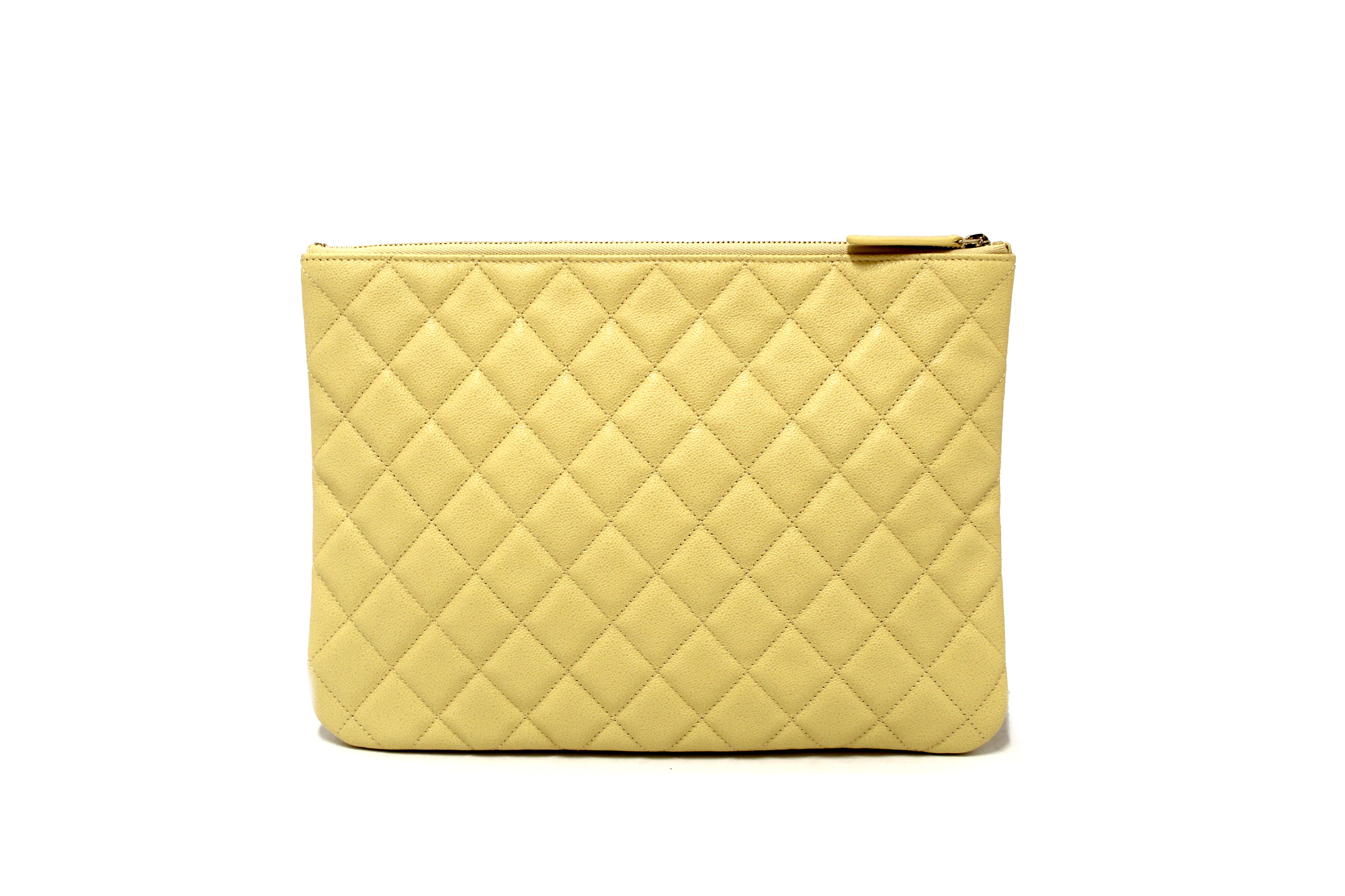 Authentic New Chanel Yellow Caviar Leather Classic Zipped O Case Pouch Clutch Bag