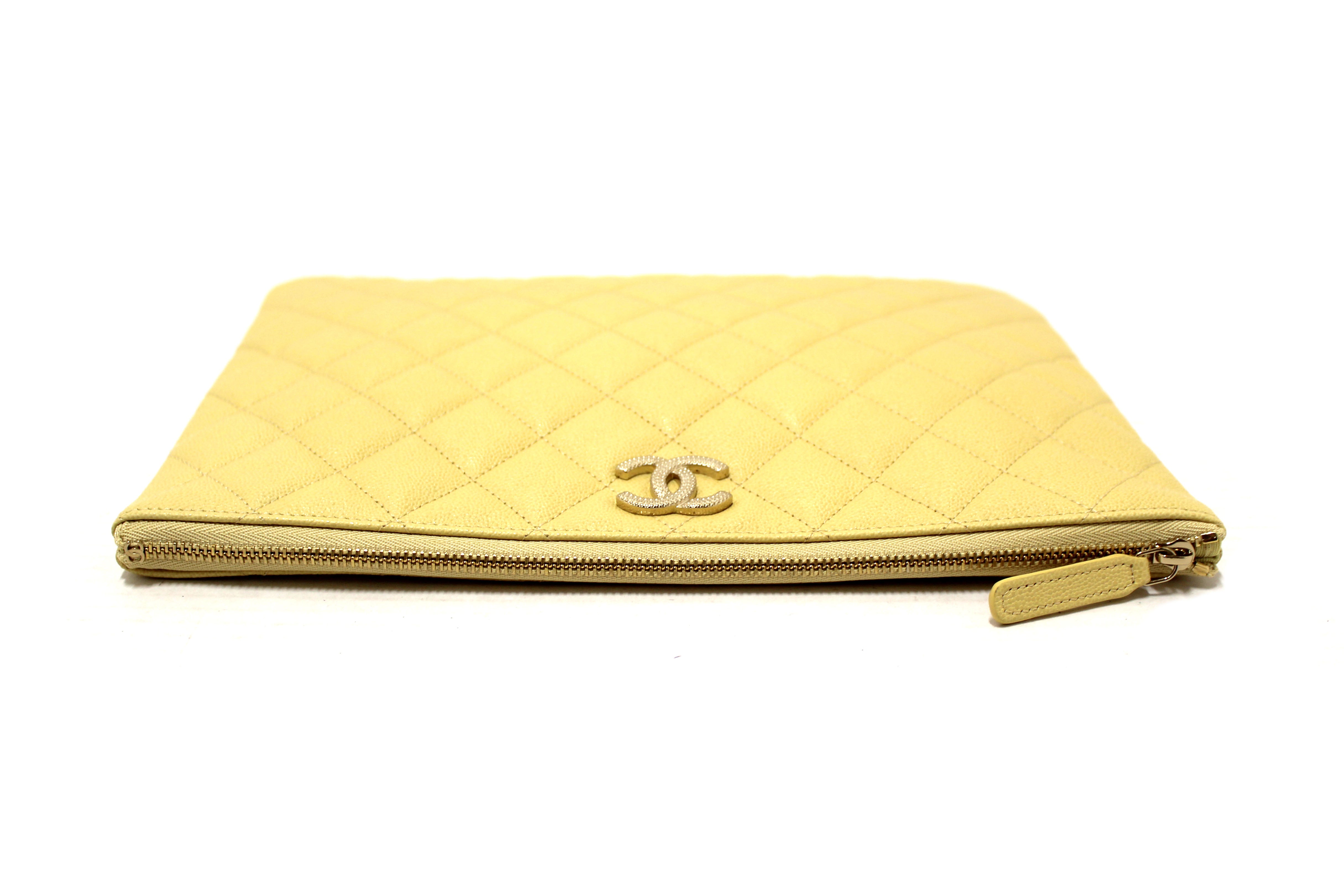 Authentic New Chanel Yellow Caviar Leather Classic Zipped O Case Pouch Clutch Bag