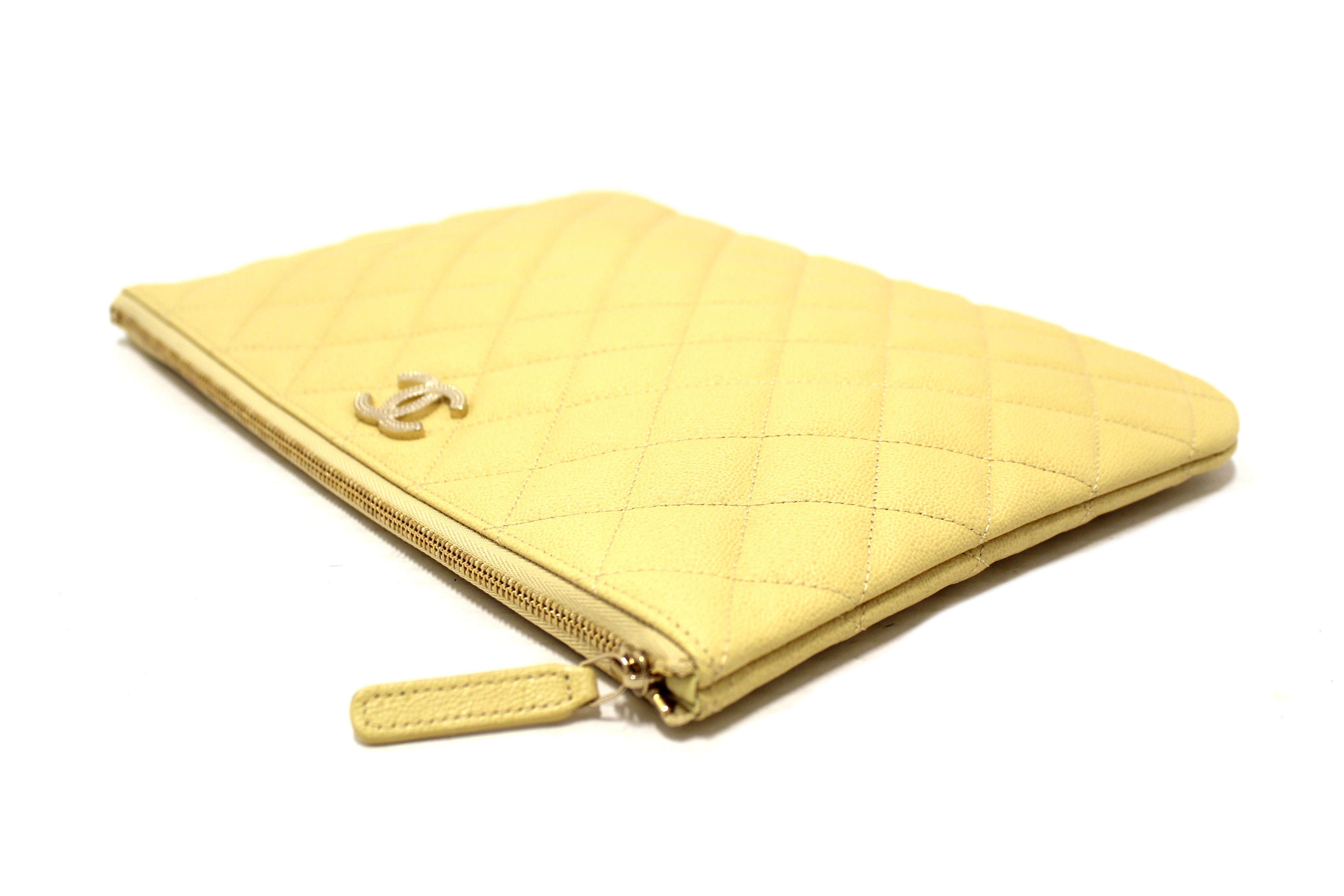 Authentic New Chanel Yellow Caviar Leather Classic Zipped O Case Pouch Clutch Bag