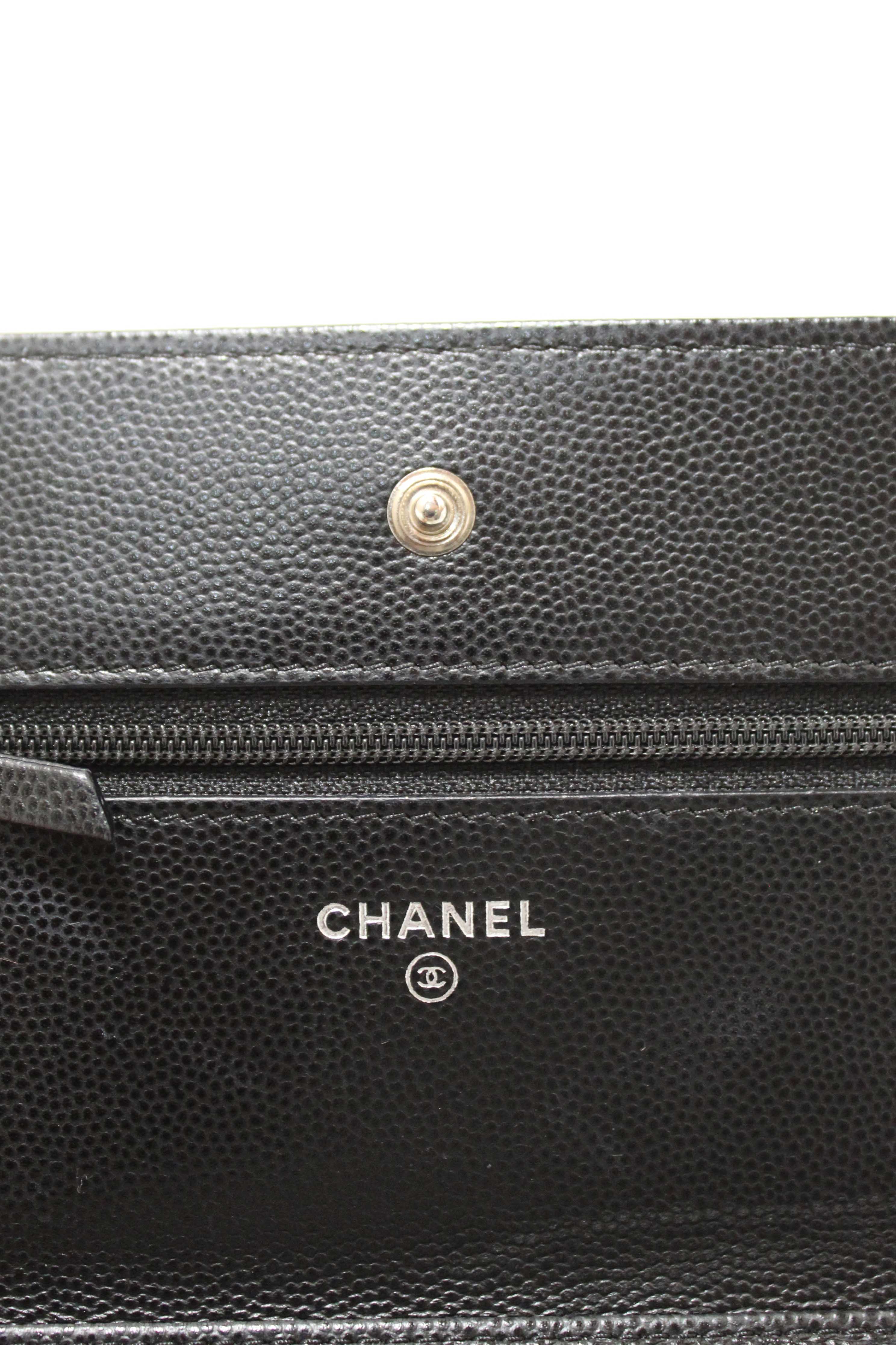 Authentic Chanel Black Chevron Caviar Leather Wallet On Chain WOC Crossbody Bag