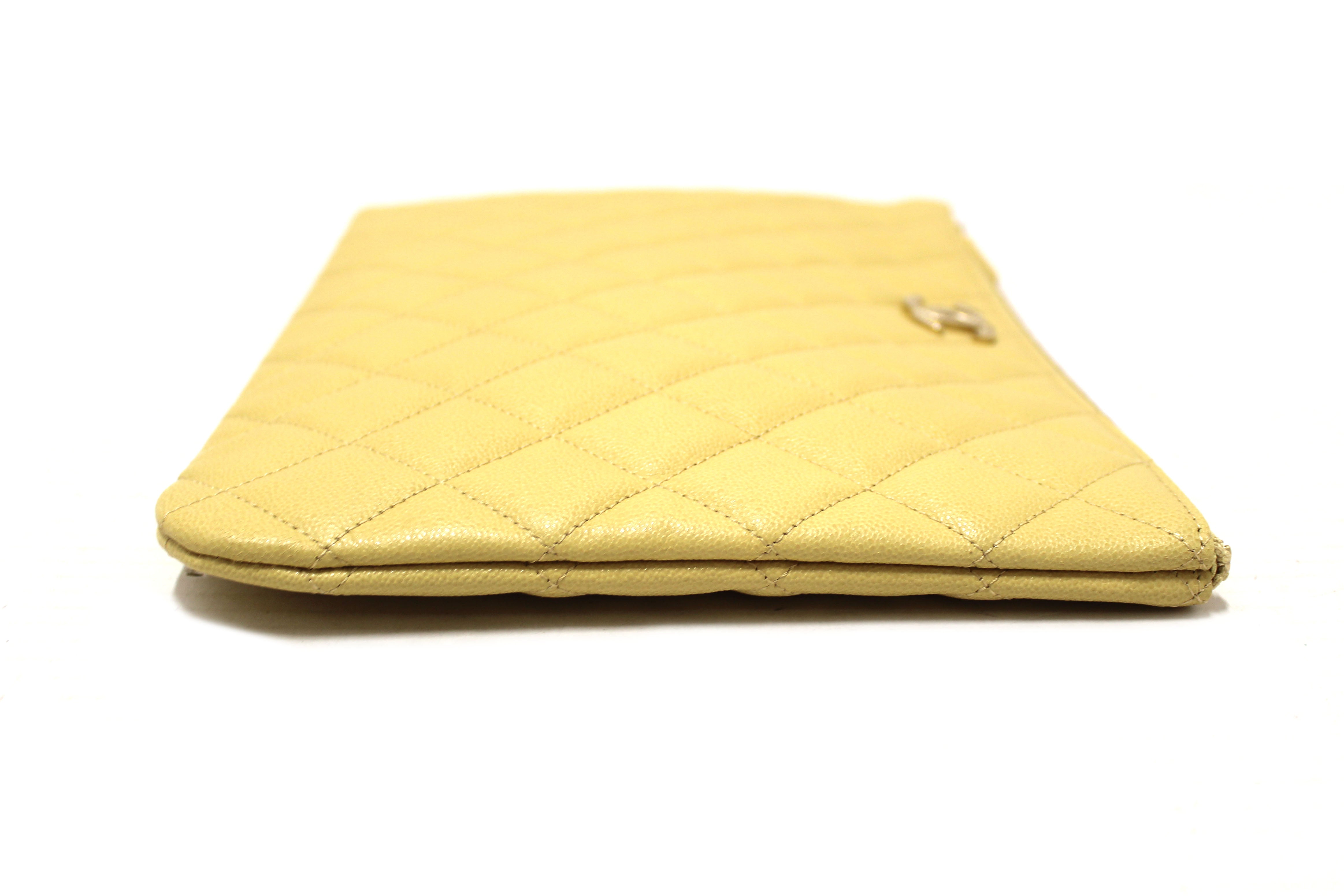 Authentic New Chanel Yellow Caviar Leather Classic Zipped O Case Pouch Clutch Bag