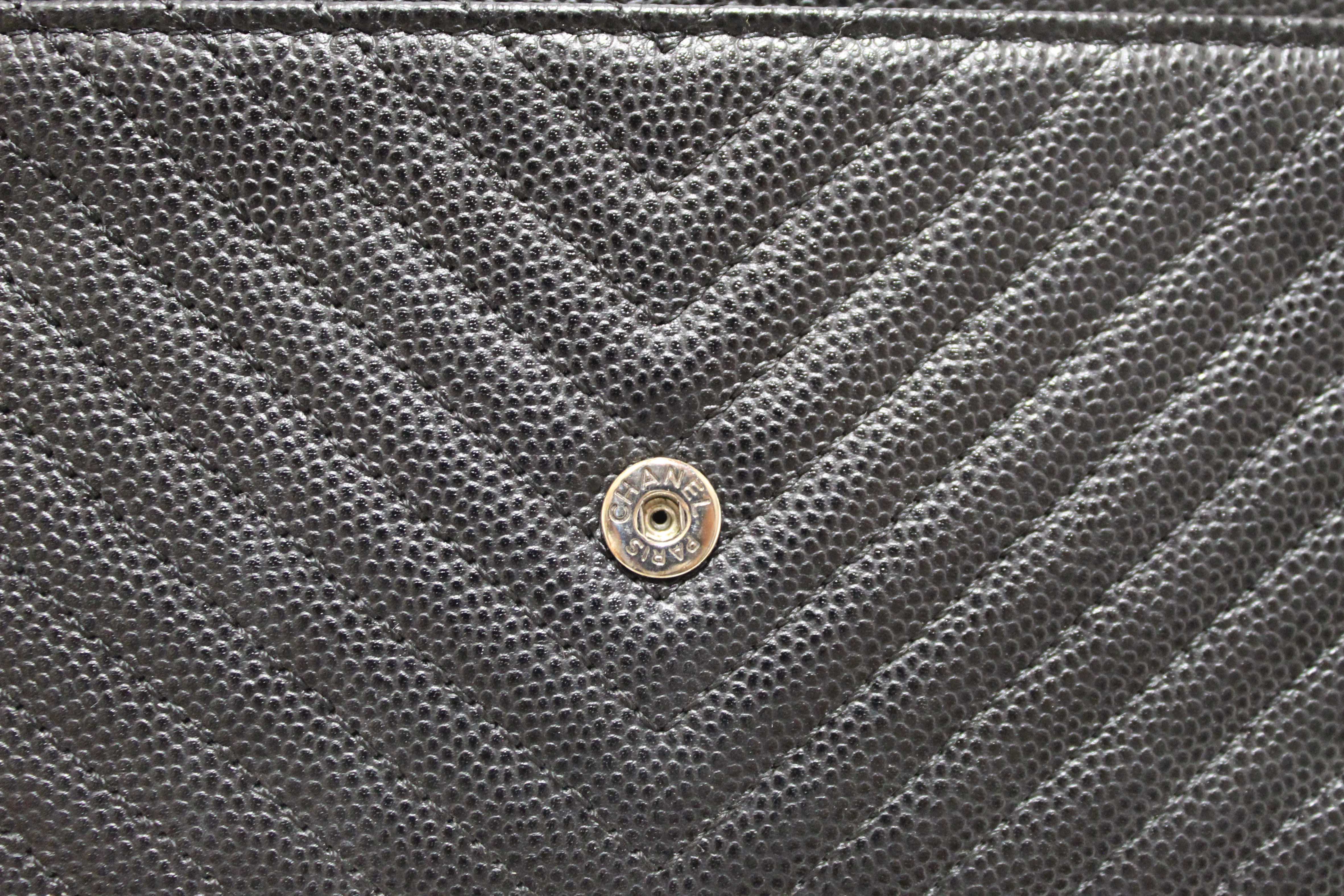 Authentic Chanel Black Chevron Caviar Leather Wallet On Chain WOC Crossbody Bag