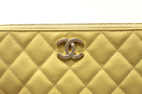 Authentic New Chanel Yellow Caviar Leather Classic Zipped O Case Pouch Clutch Bag