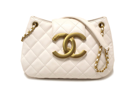 Authentic Chanel White Quilted Lambskin Leather Medium Hobo Bag AS4610