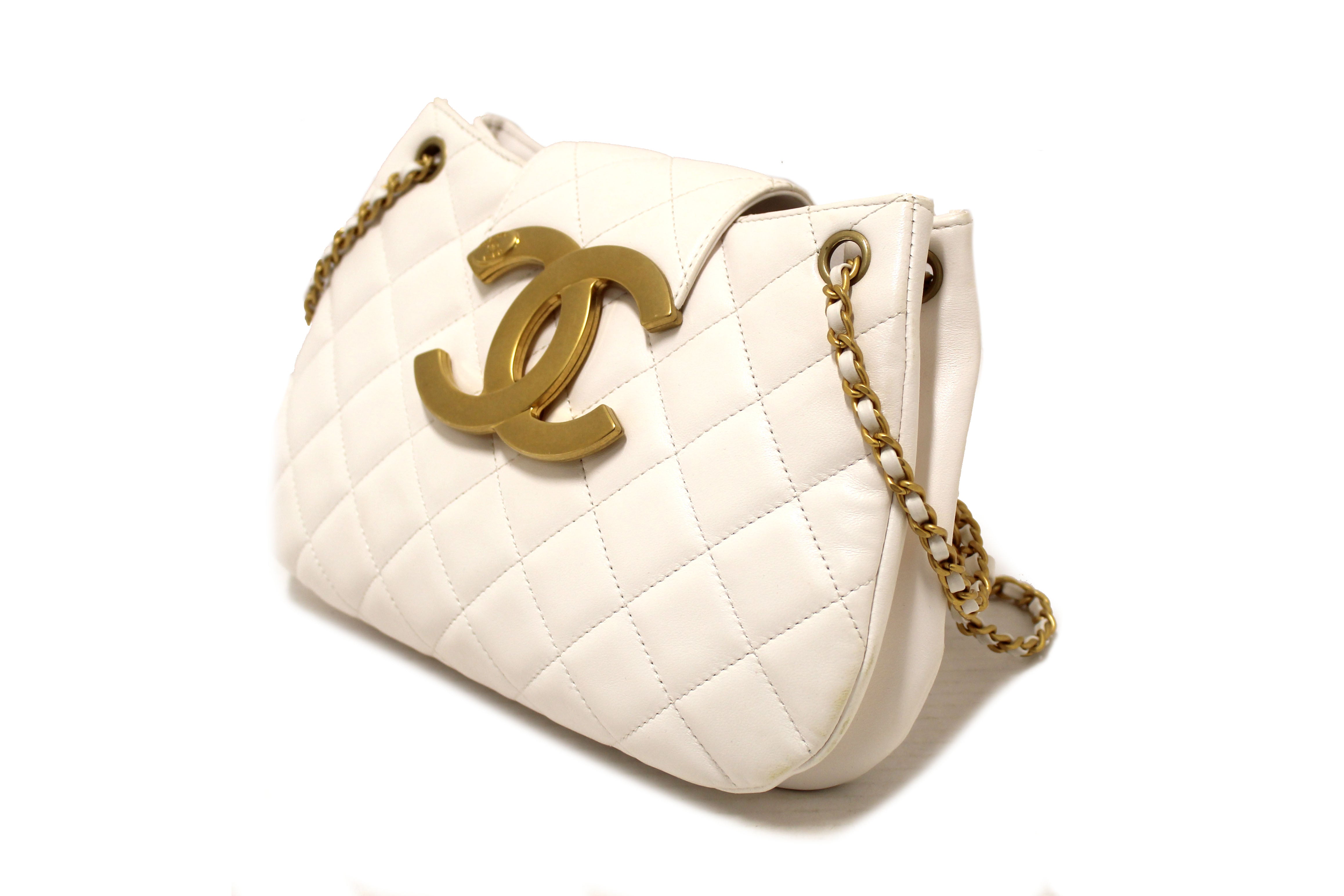 Authentic Chanel White Quilted Lambskin Leather Medium Hobo Bag AS4610