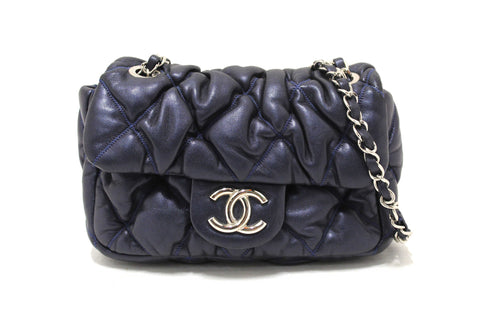 Chanel Navy Blue Iridescent Lambskin Small Quilt Bubble Flap Crossbody Bag