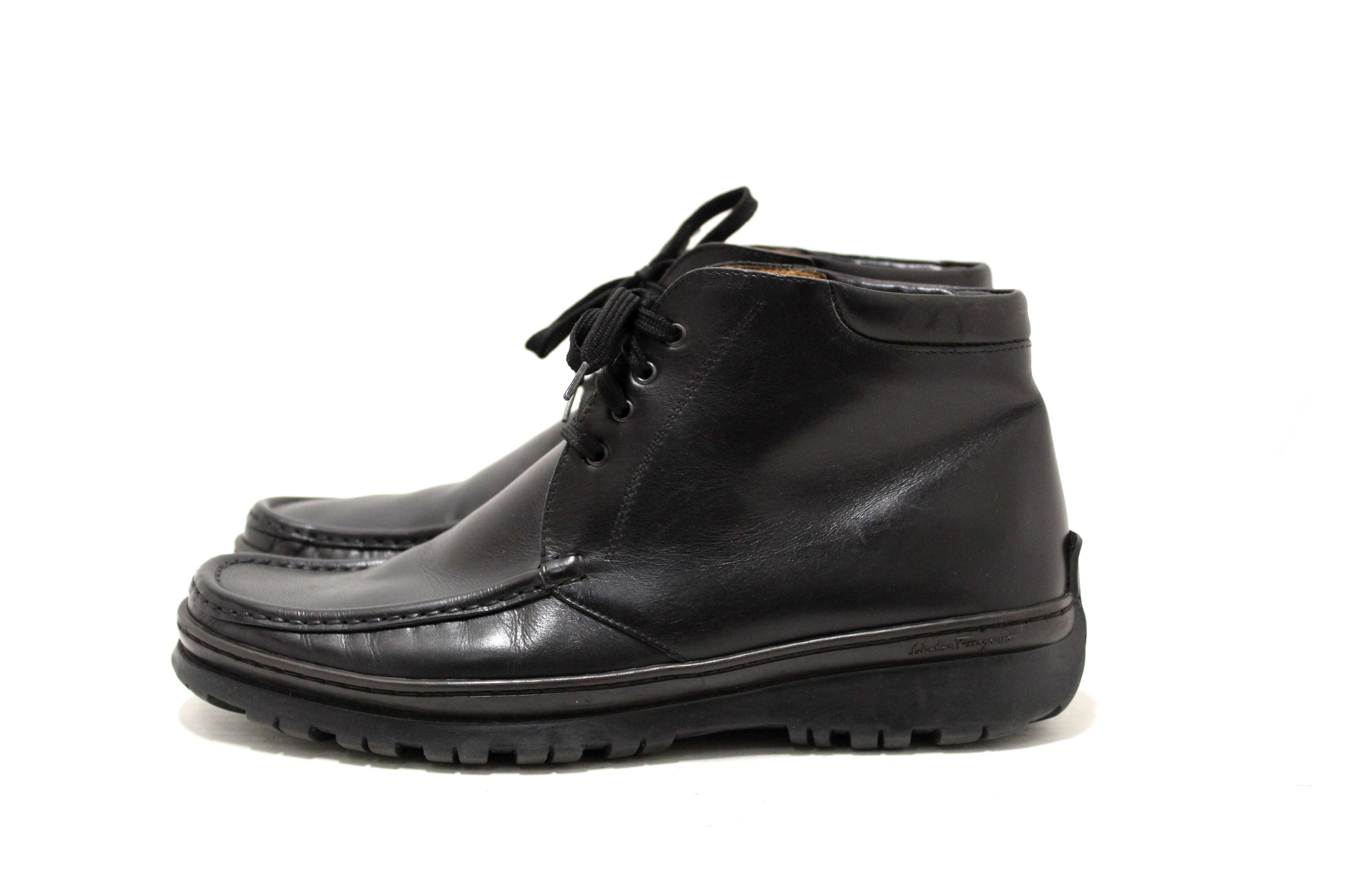 Authentic Salvatore Ferragamo Men's Black Leather Lace up Ankle Boots Size 9