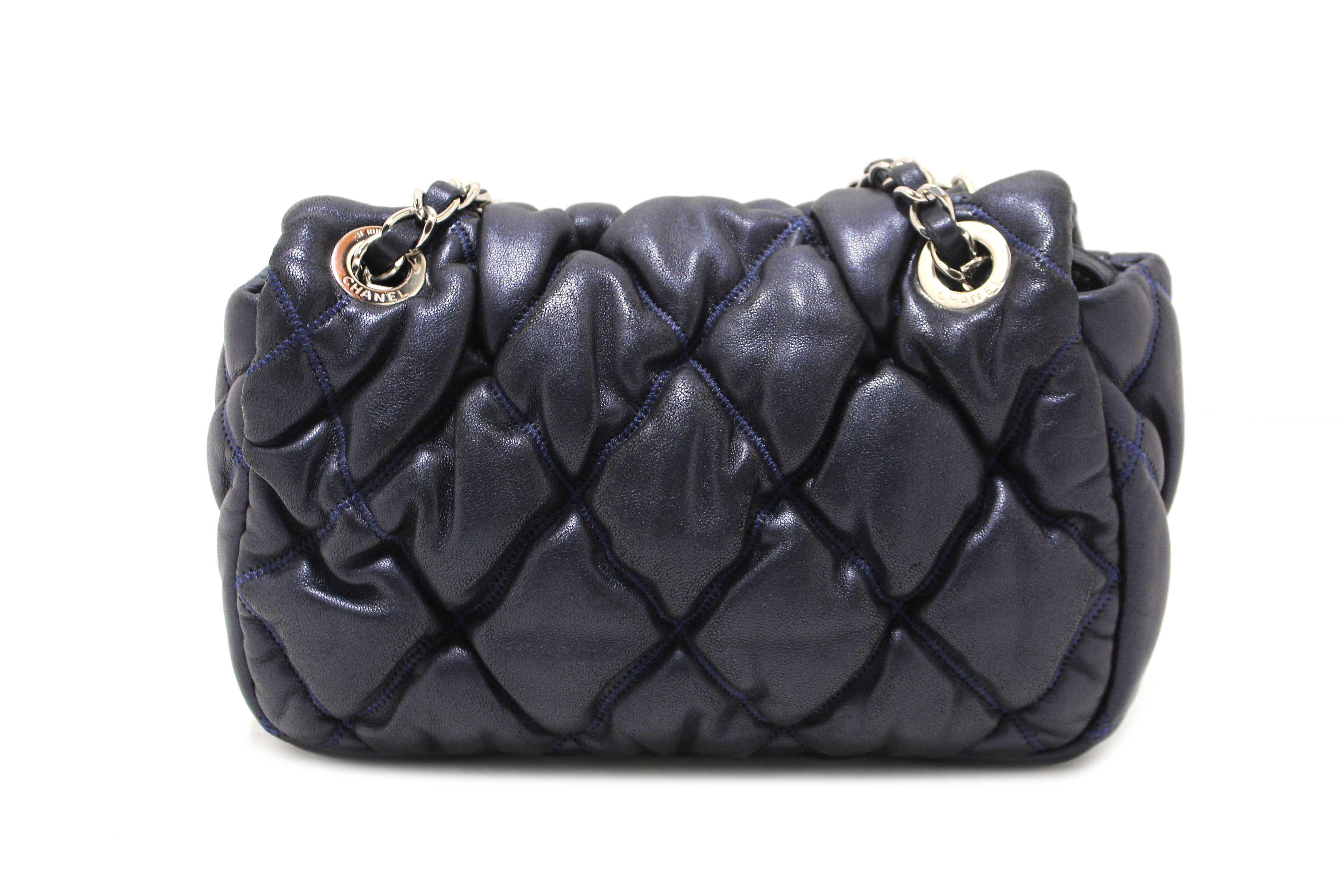 Chanel Navy Blue Iridescent Lambskin Small Quilt Bubble Flap Crossbody Bag