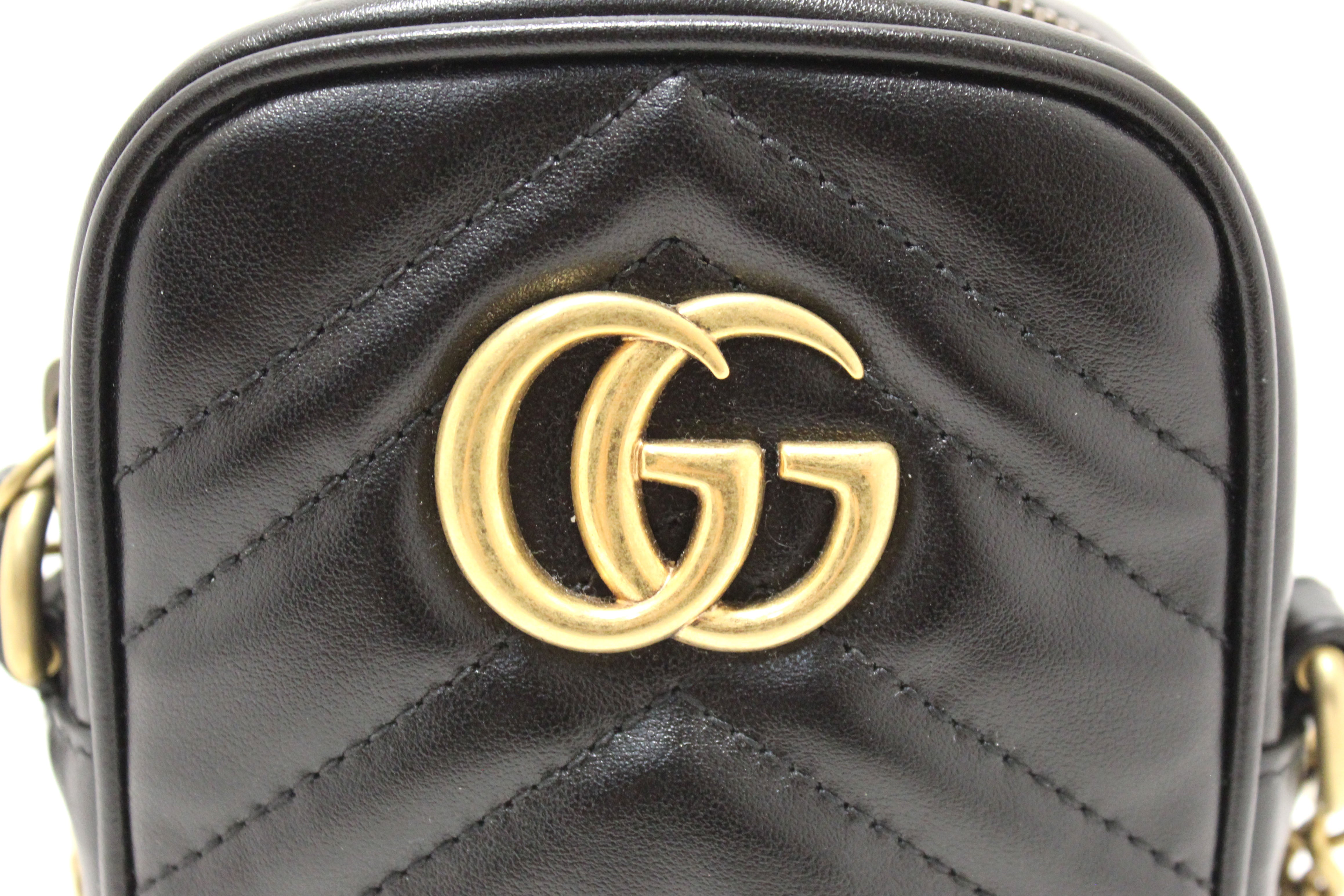 Authentic Gucci Black Leather Marmont Matelasse Super Mini Chain Bag 598597