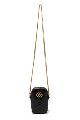 Authentic Gucci Black Leather Marmont Matelasse Super Mini Chain Bag 598597