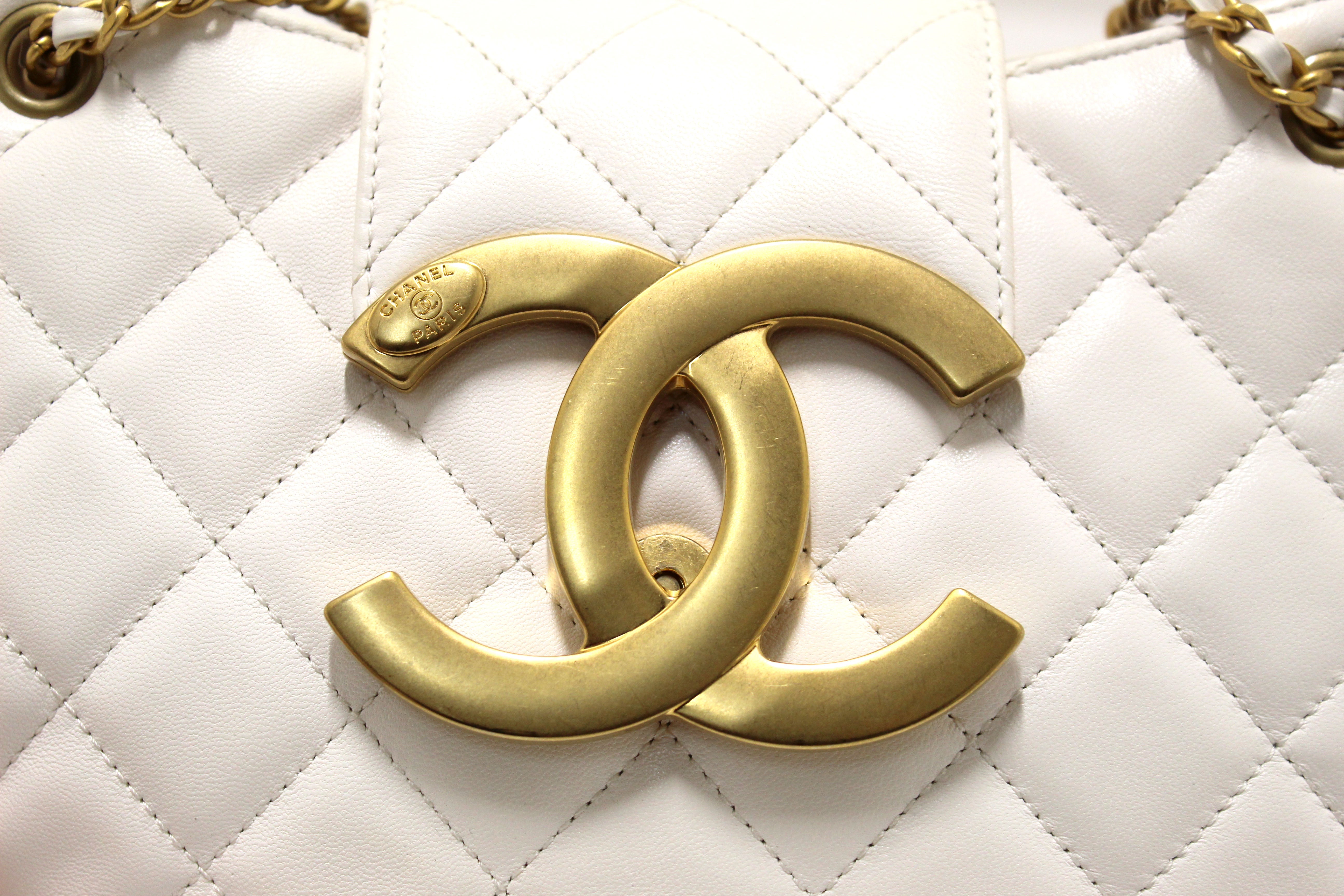Authentic Chanel White Quilted Lambskin Leather Medium Hobo Bag AS4610
