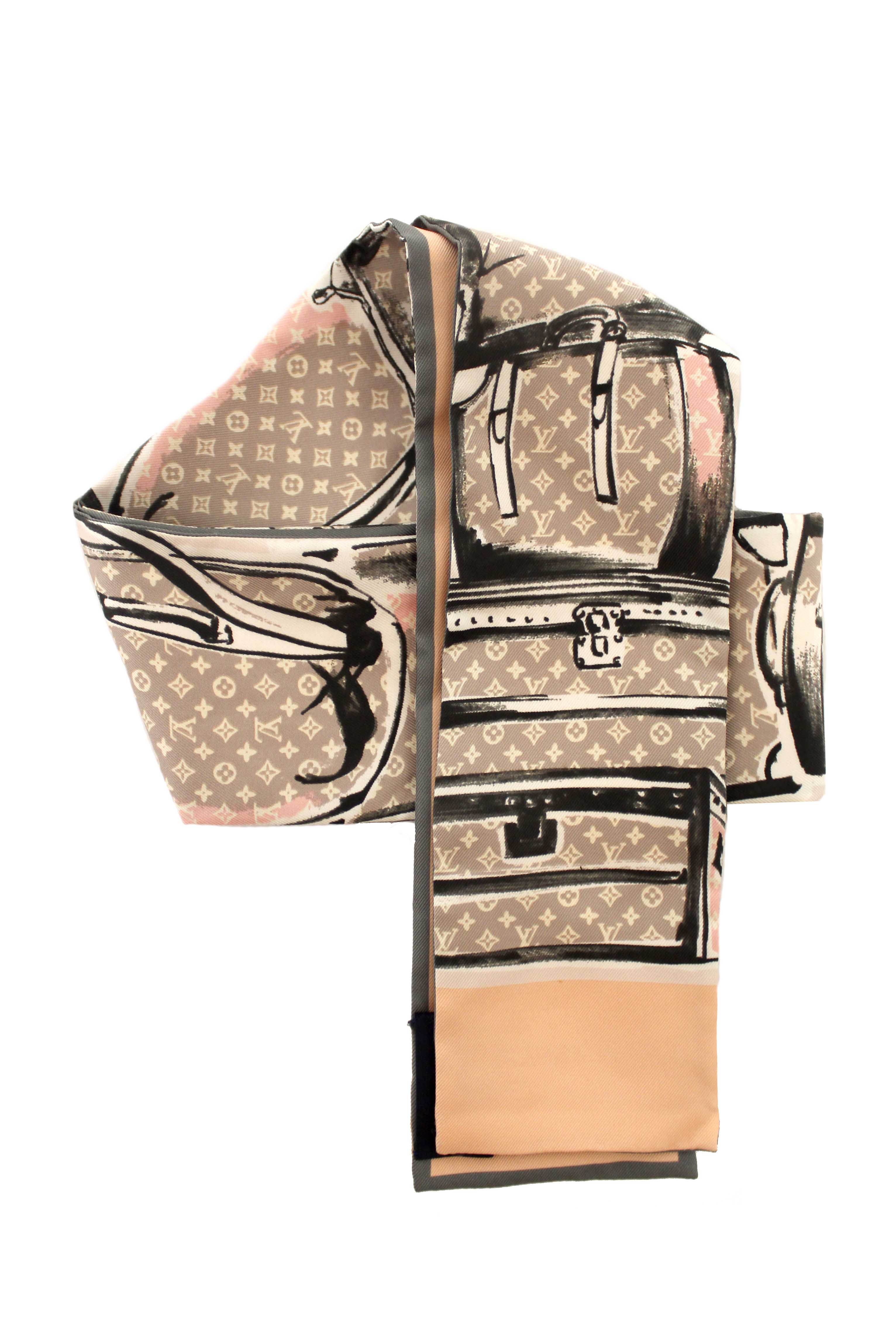 Authentic Louis Vuitton Pink Silk Monogram Trunks Rose Poudre Twilly Bandeau Scarf