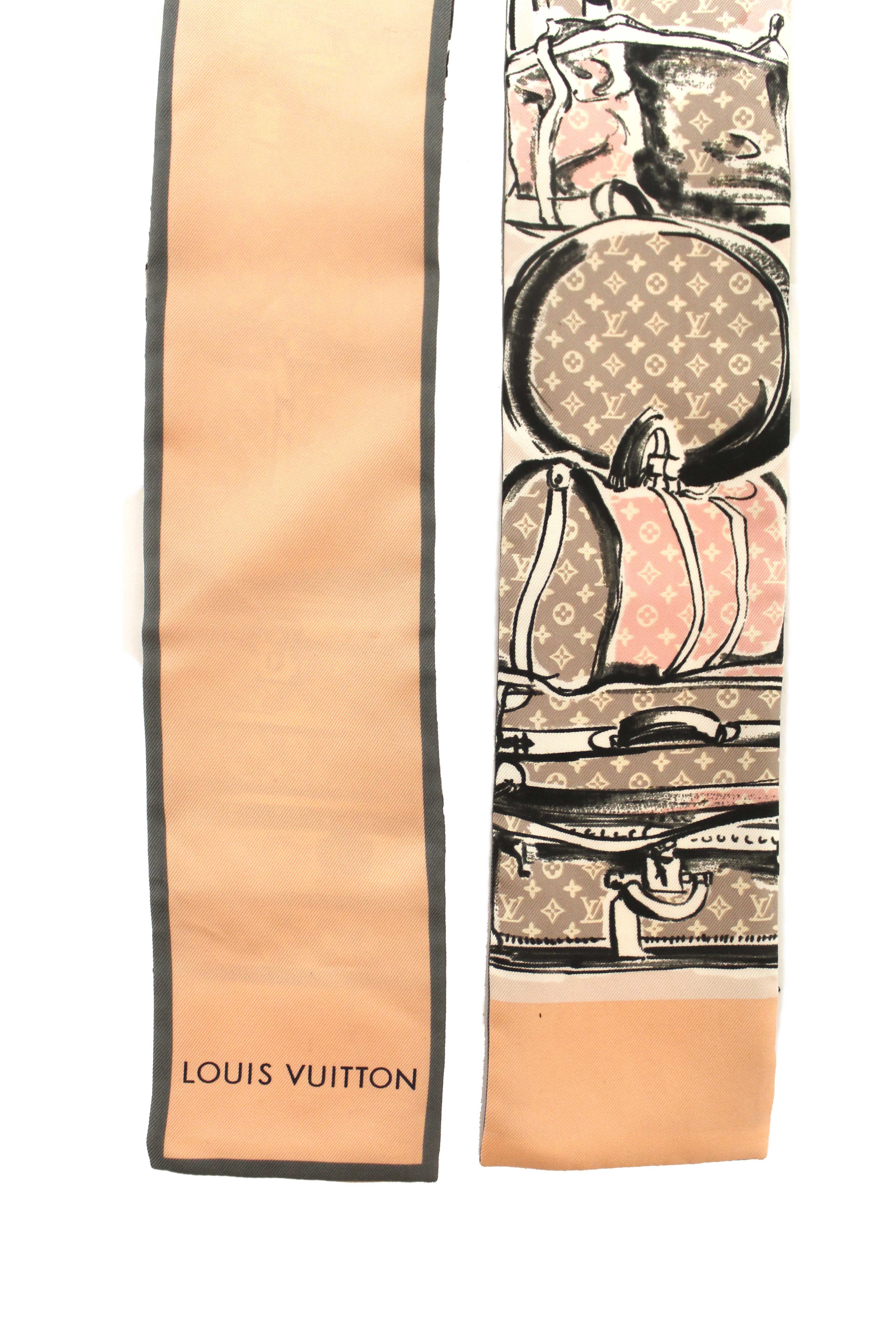 Authentic Louis Vuitton Pink Silk Monogram Trunks Rose Poudre Twilly Bandeau Scarf