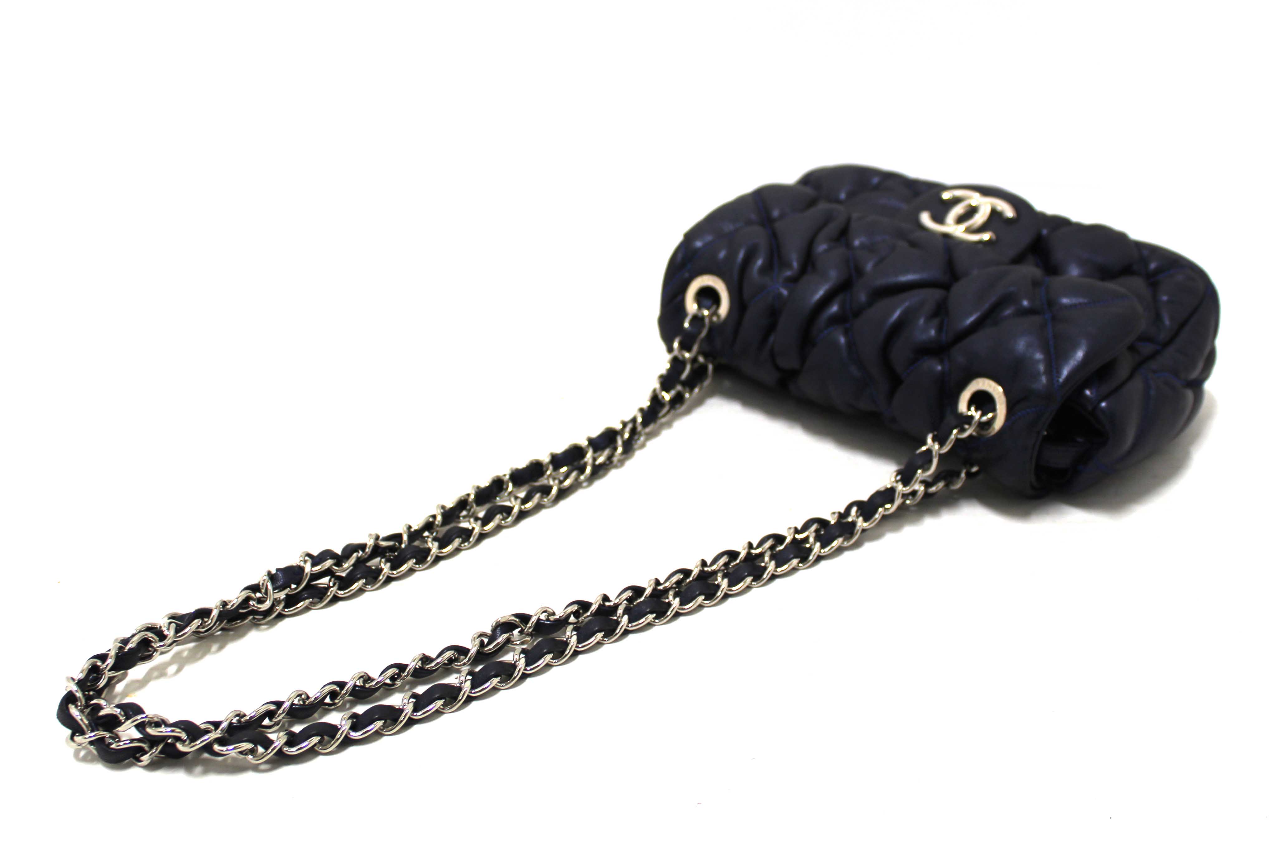 Chanel Navy Blue Iridescent Lambskin Small Quilt Bubble Flap Crossbody Bag
