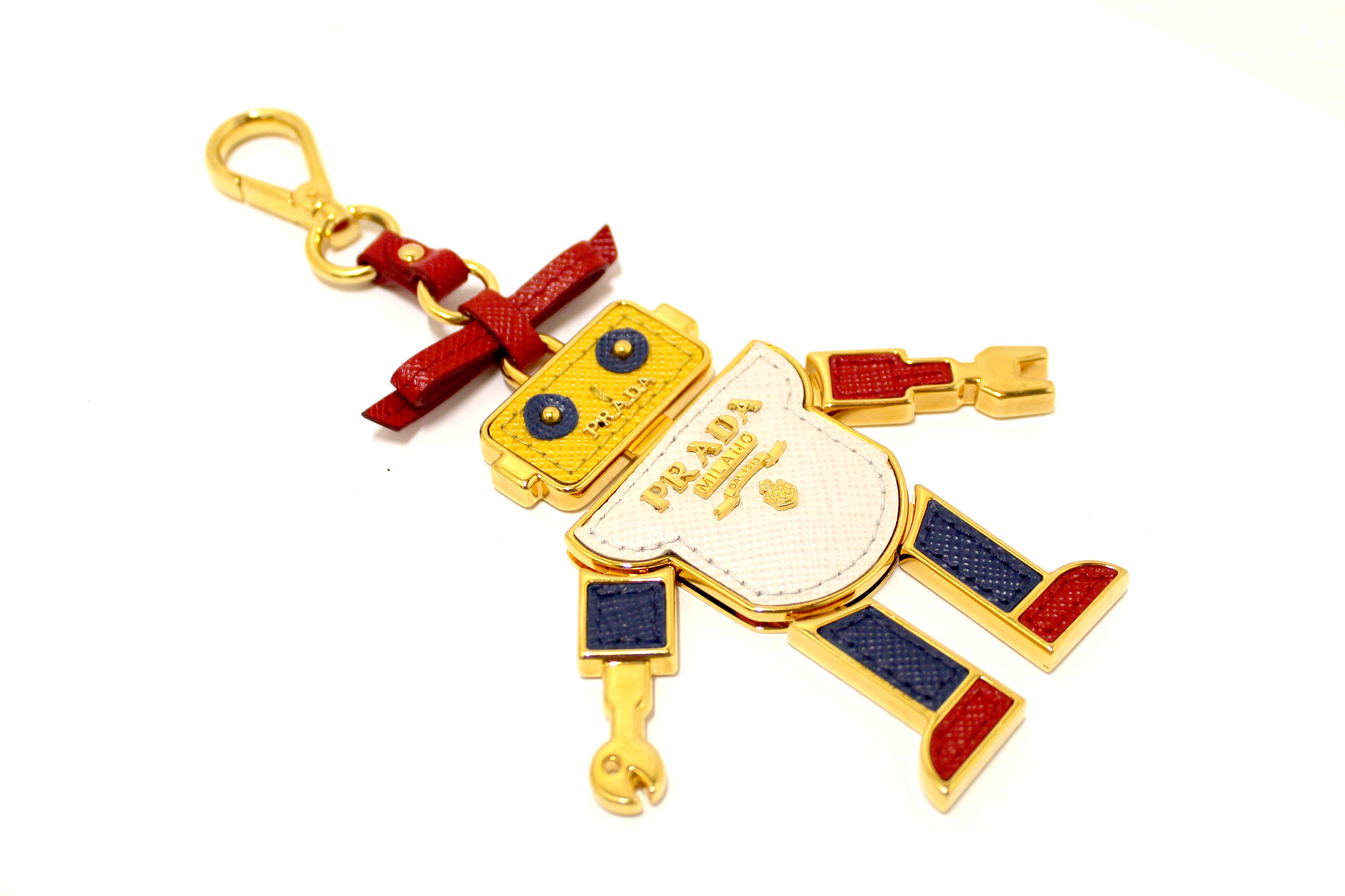 Authentic Prada Gold and Leather Robot Bag Charm Key Ring