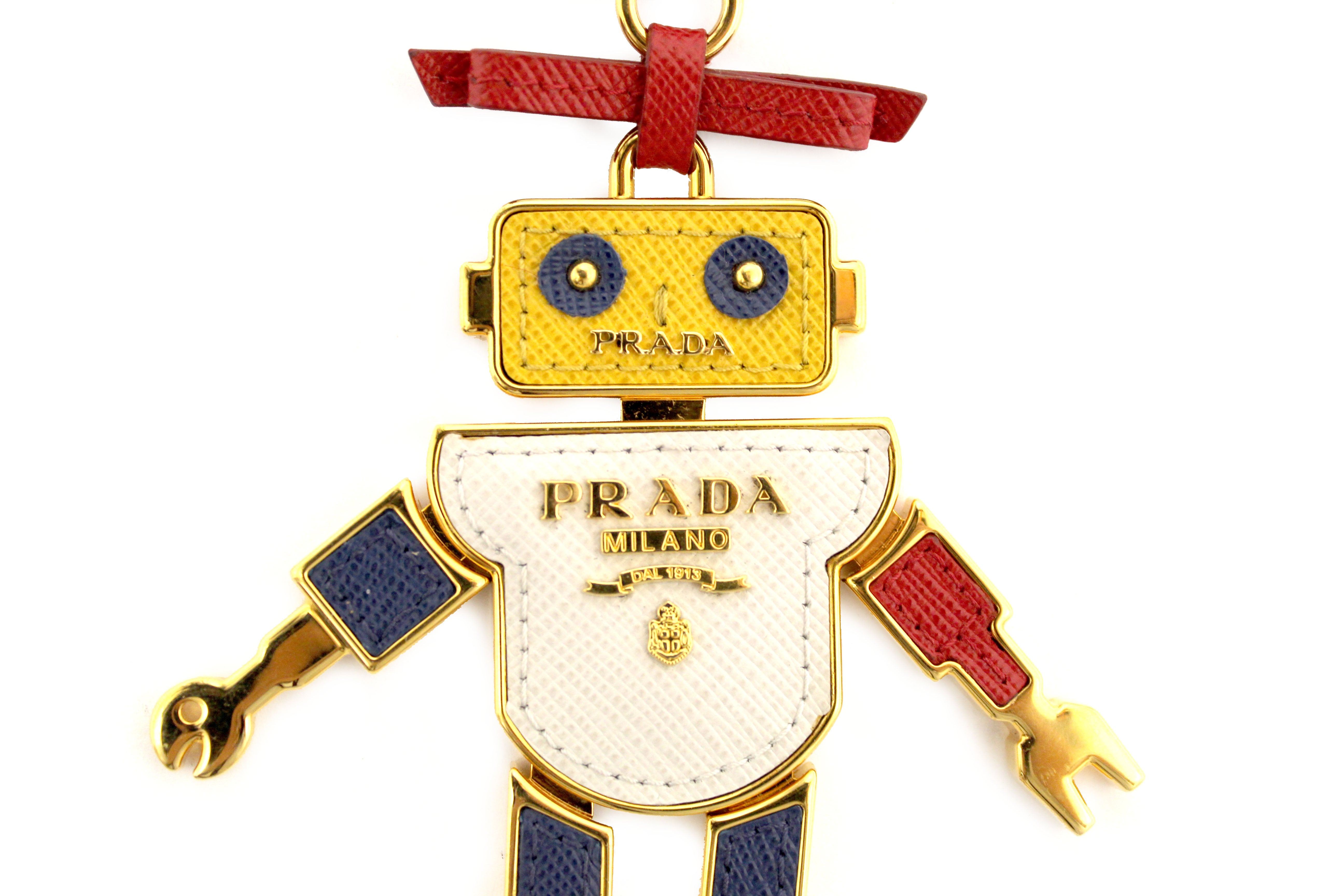 Authentic Prada Gold and Leather Robot Bag Charm Key Ring