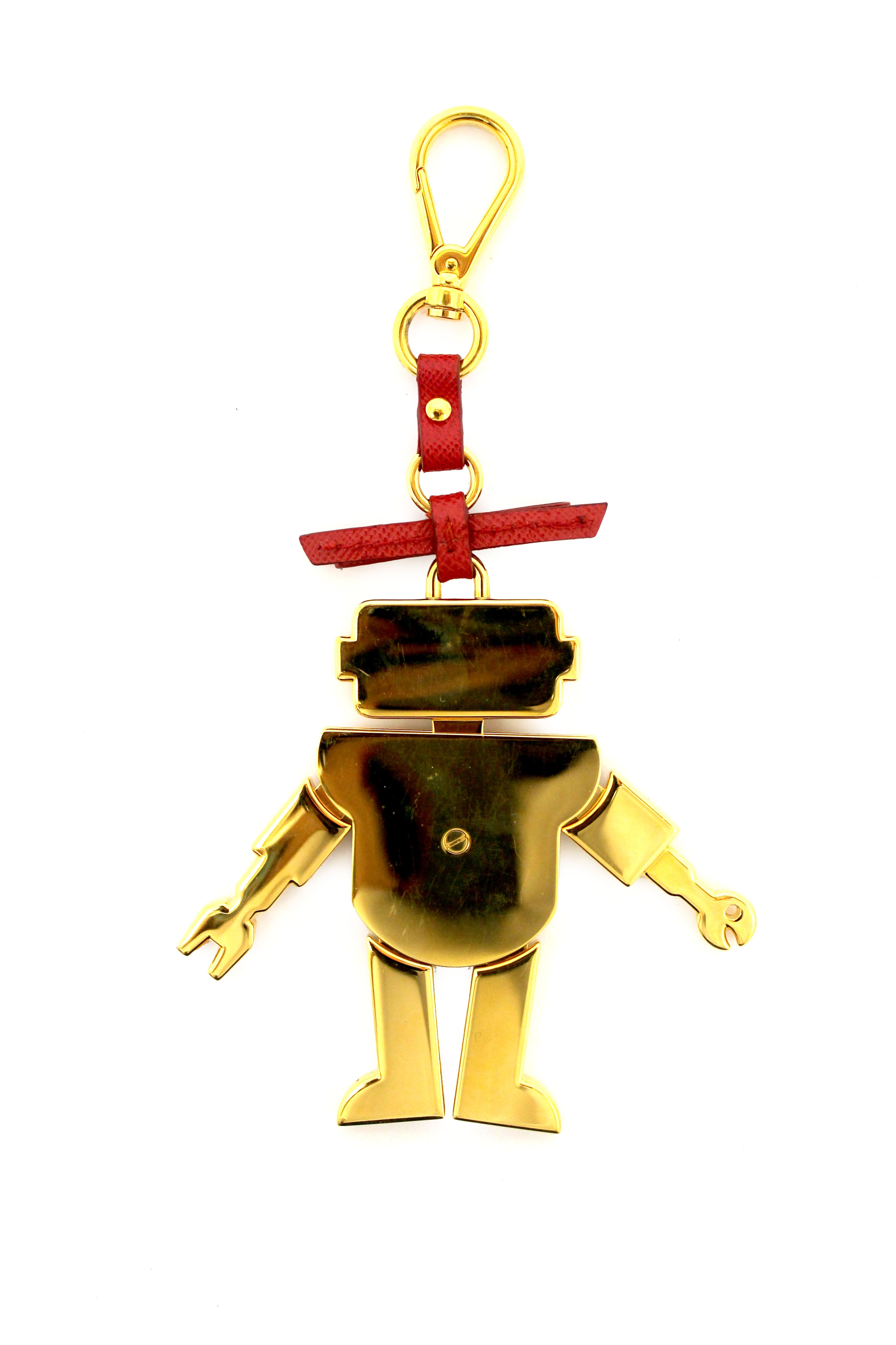 Authentic Prada Gold and Leather Robot Bag Charm Key Ring