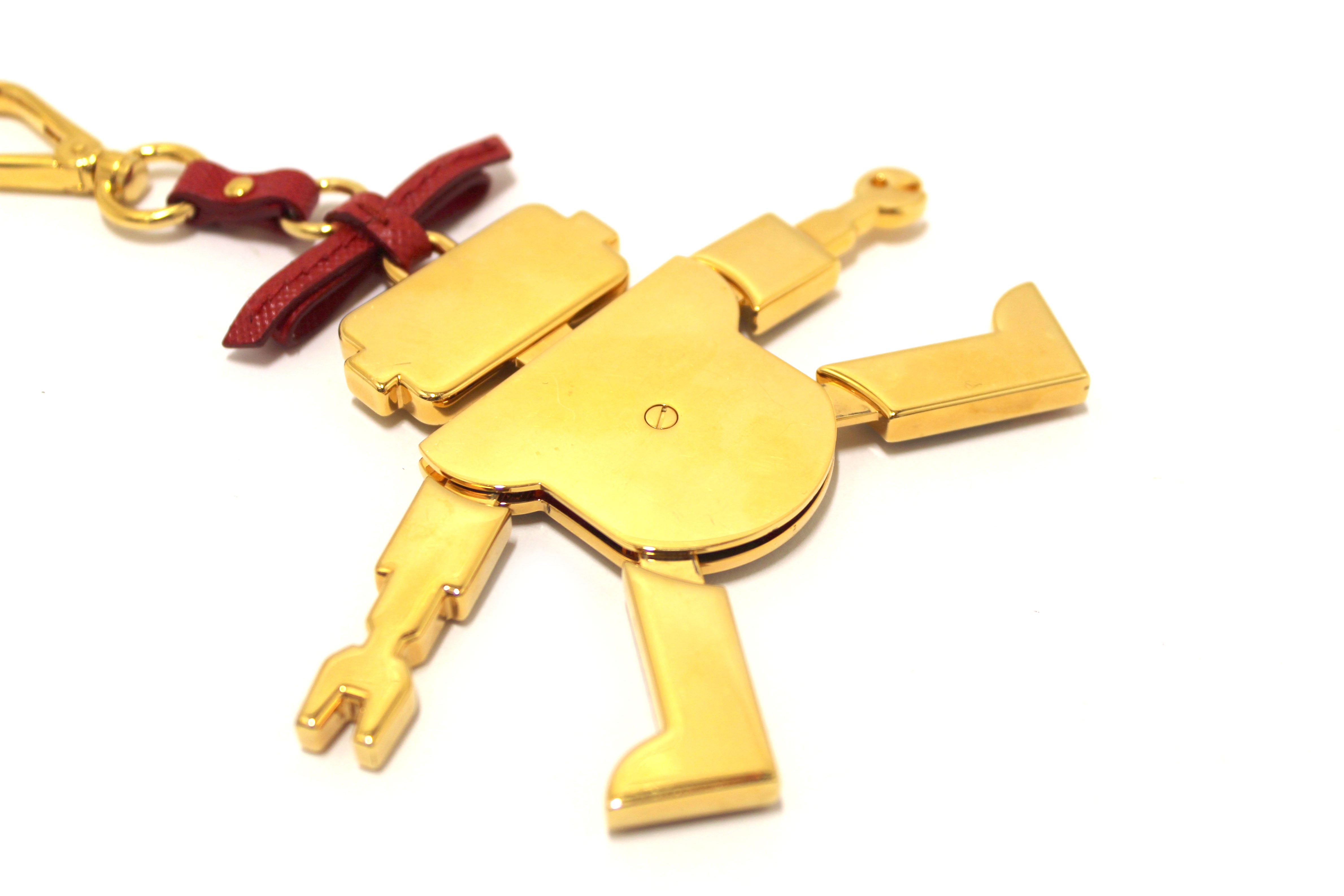 Authentic Prada Gold and Leather Robot Bag Charm Key Ring