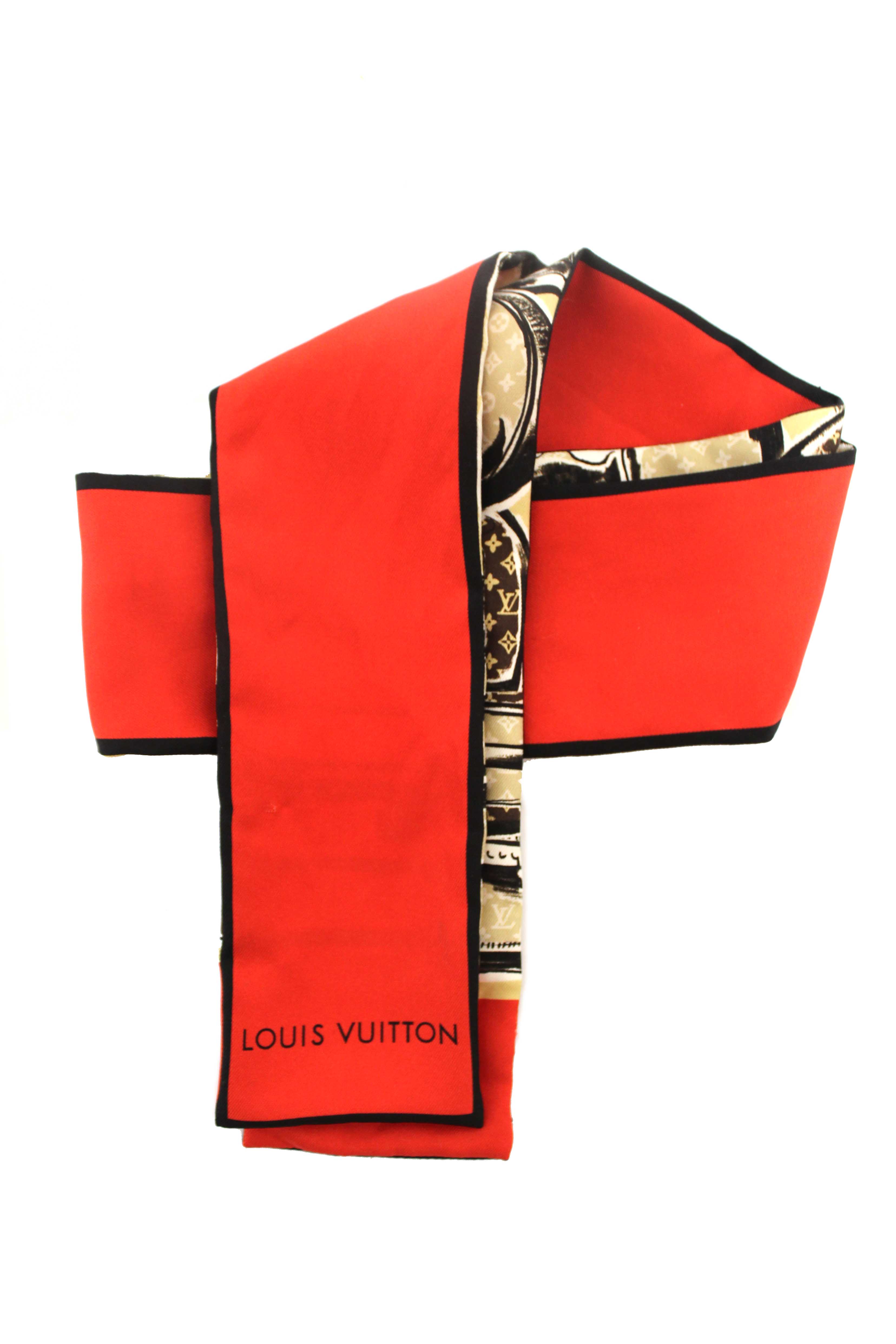 Authentic Louis Vuitton Silk Monogram Trunks Red Twilly Bandeau Scarf