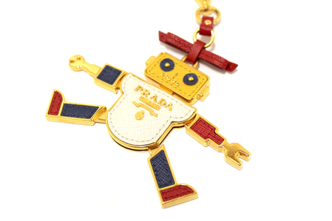 Authentic Prada Gold and Leather Robot Bag Charm Key Ring