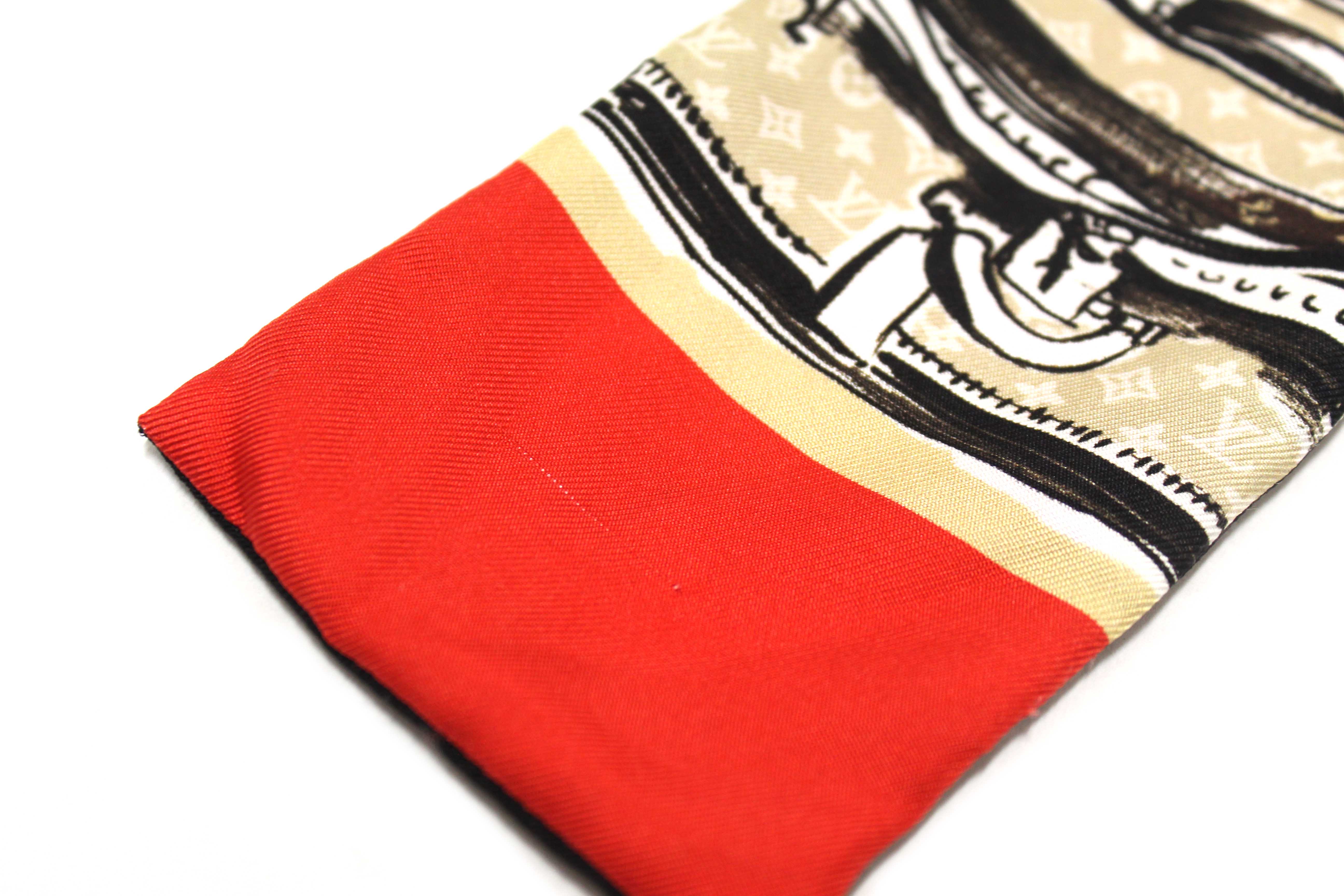 Authentic Louis Vuitton Silk Monogram Trunks Red Twilly Bandeau Scarf