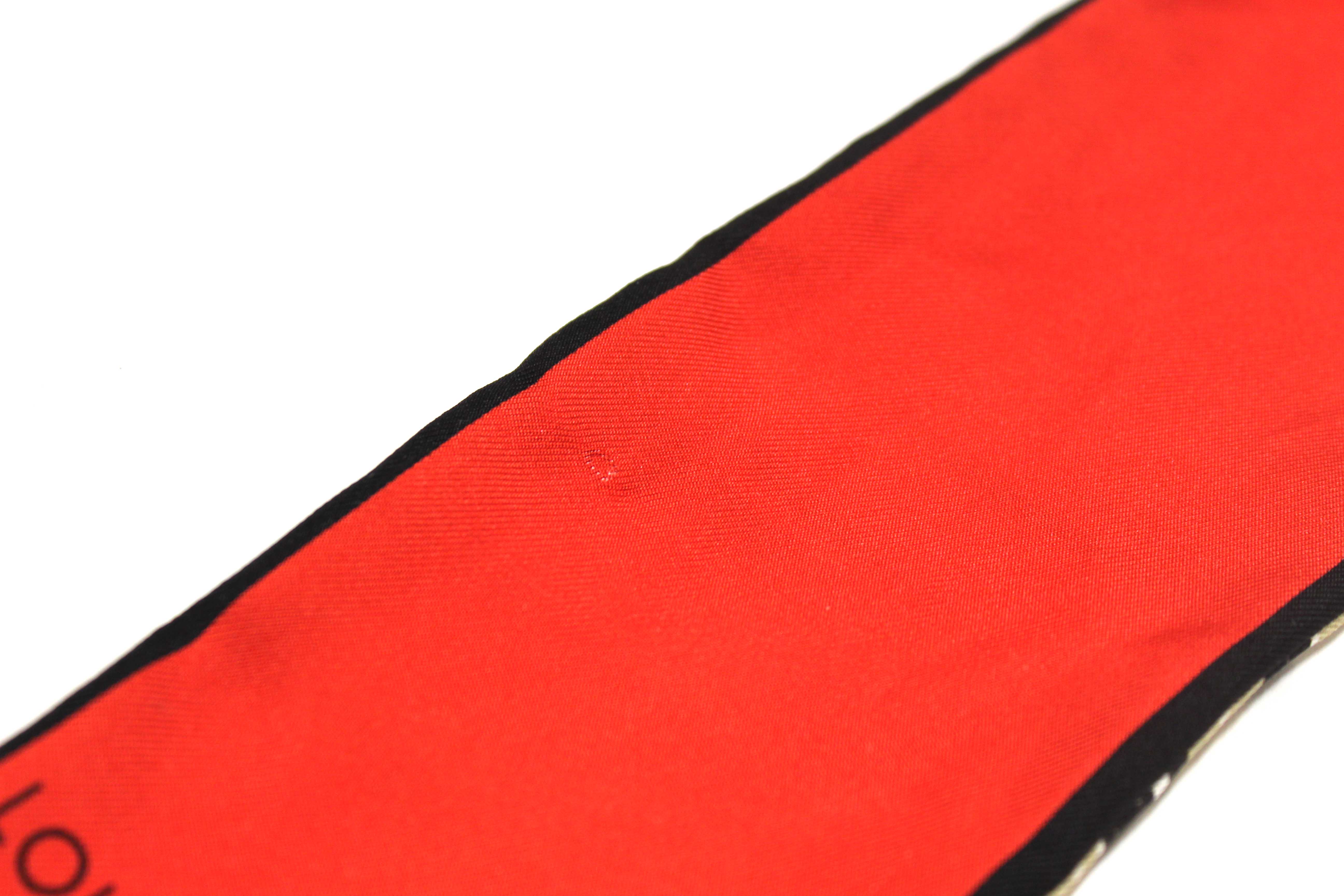 Authentic Louis Vuitton Silk Monogram Trunks Red Twilly Bandeau Scarf