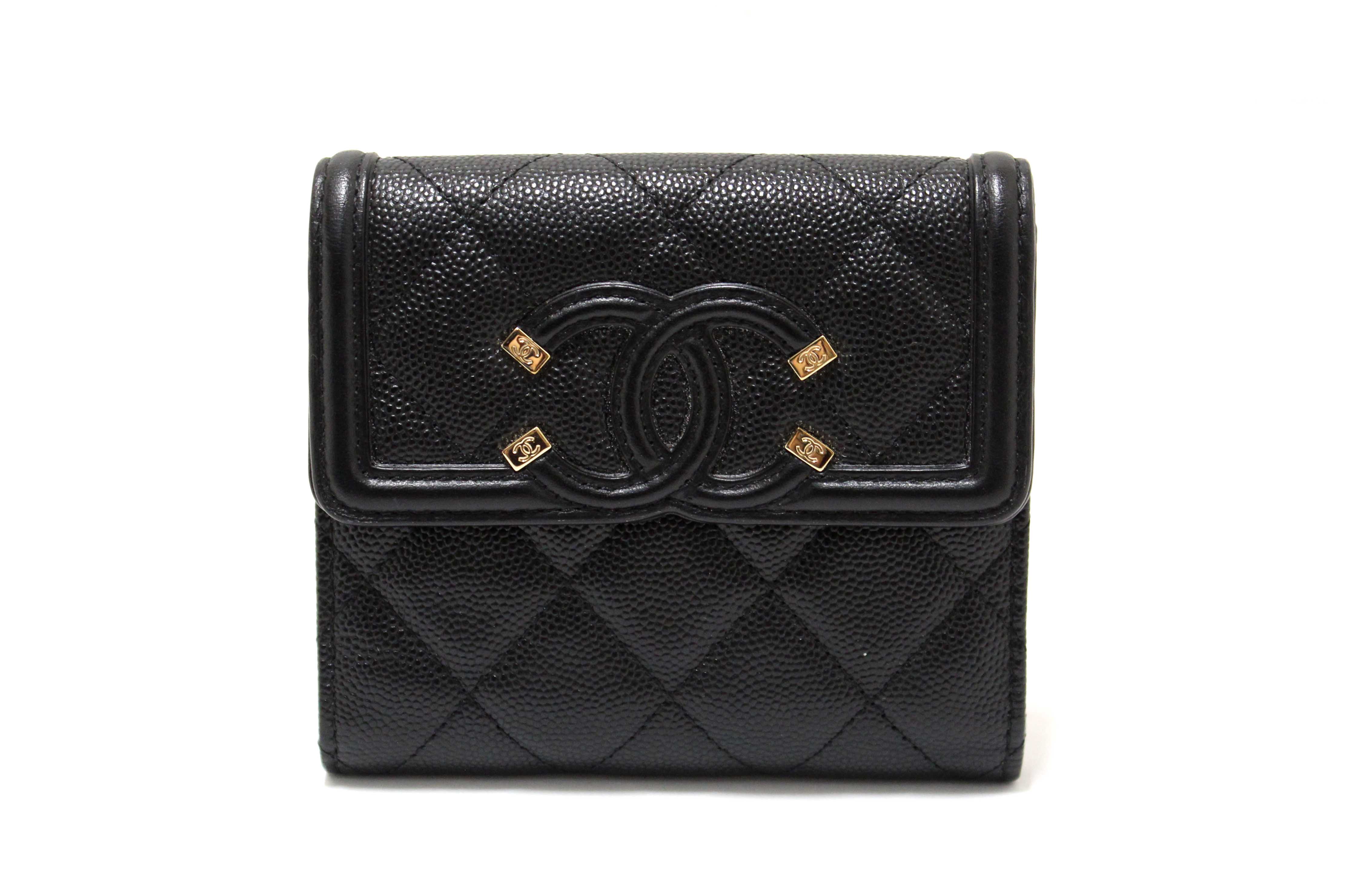 Authentic Chanel Black Caviar Leather CC Filigree Trifold Wallet