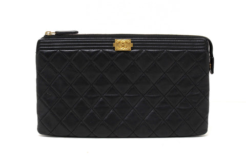 Authentic Chanel Black Lambskin Quilted Small Boy Zipped Pouch