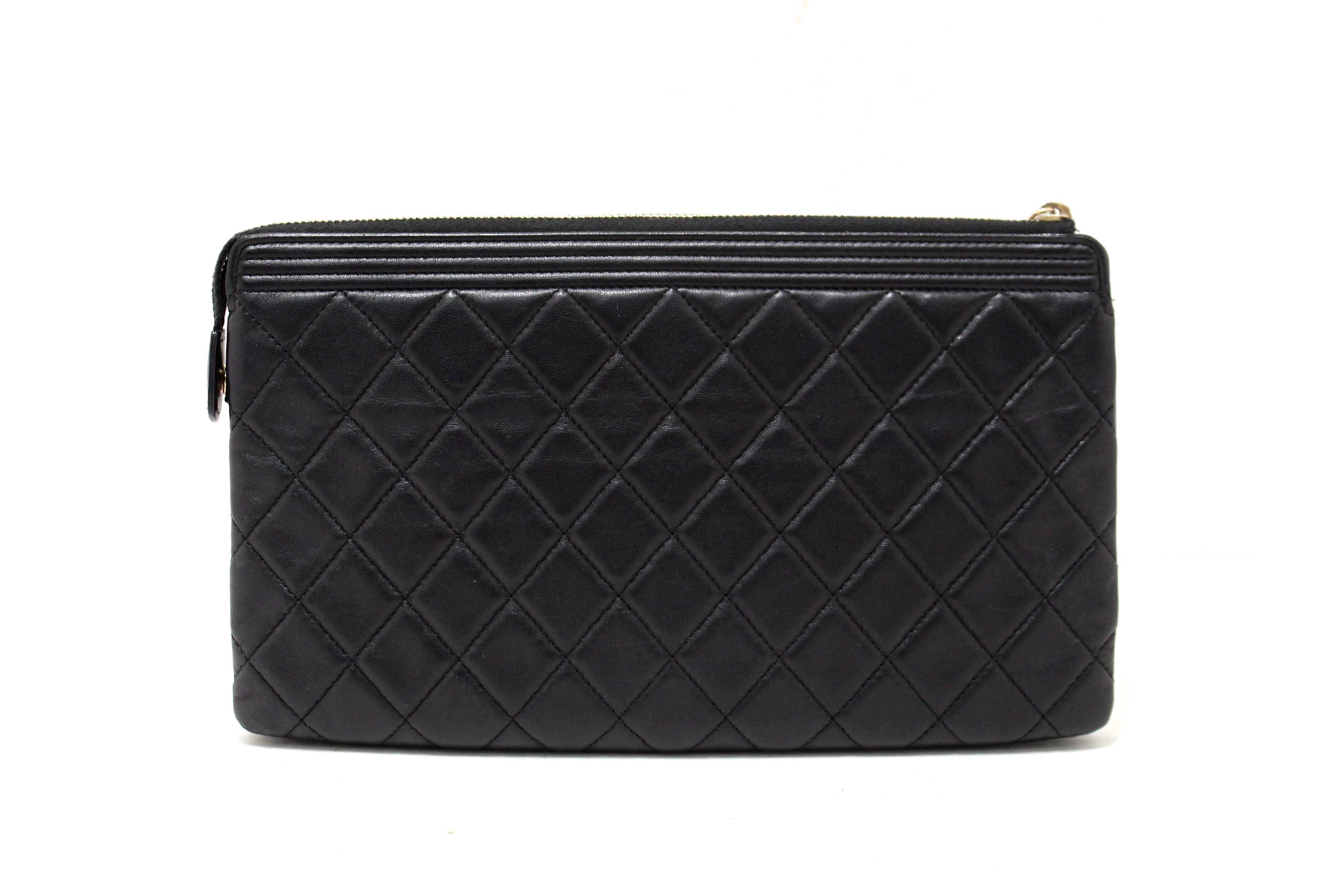 Authentic Chanel Black Lambskin Quilted Small Boy Zipped Pouch
