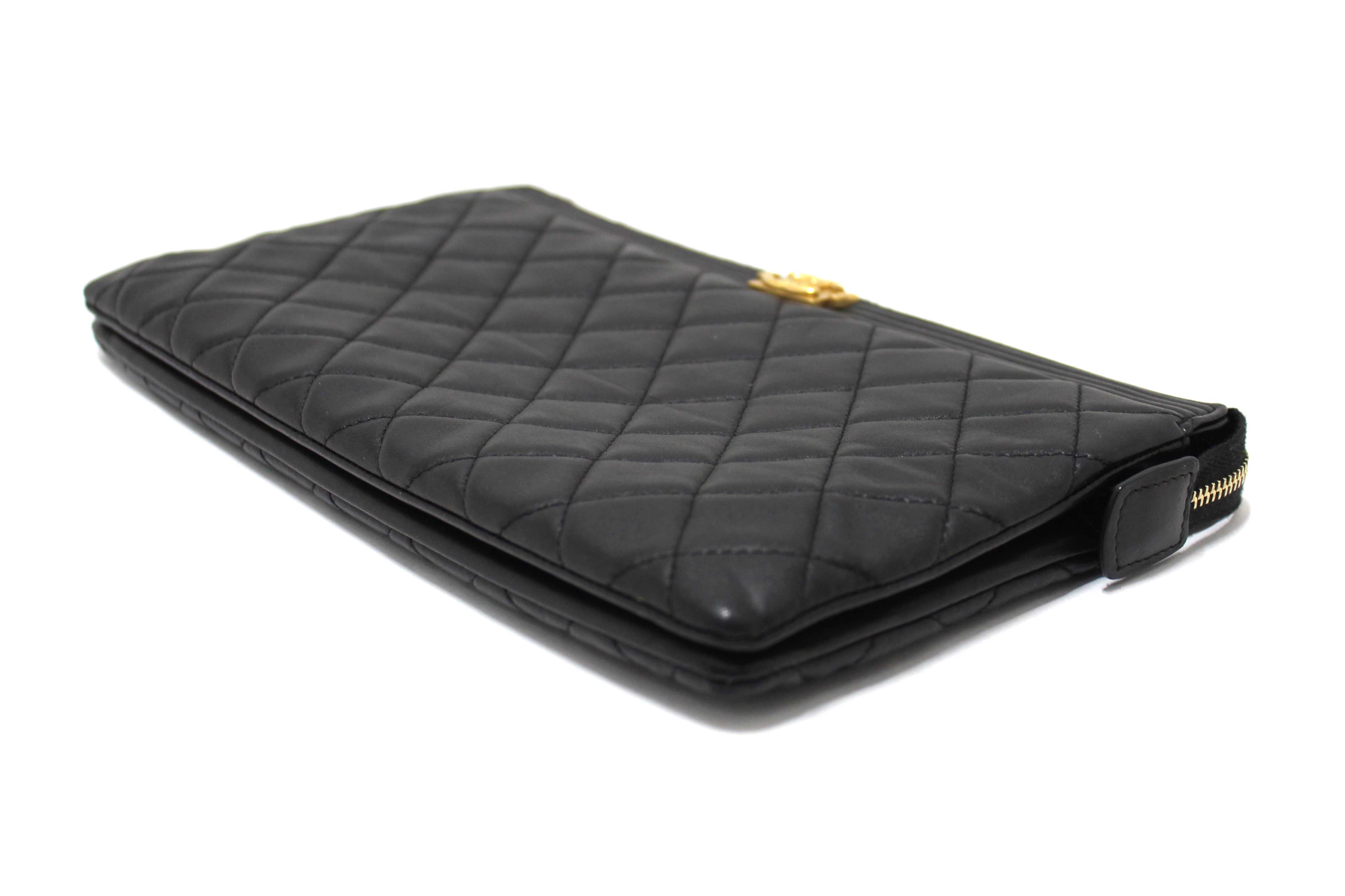 Authentic Chanel Black Lambskin Quilted Small Boy Zipped Pouch
