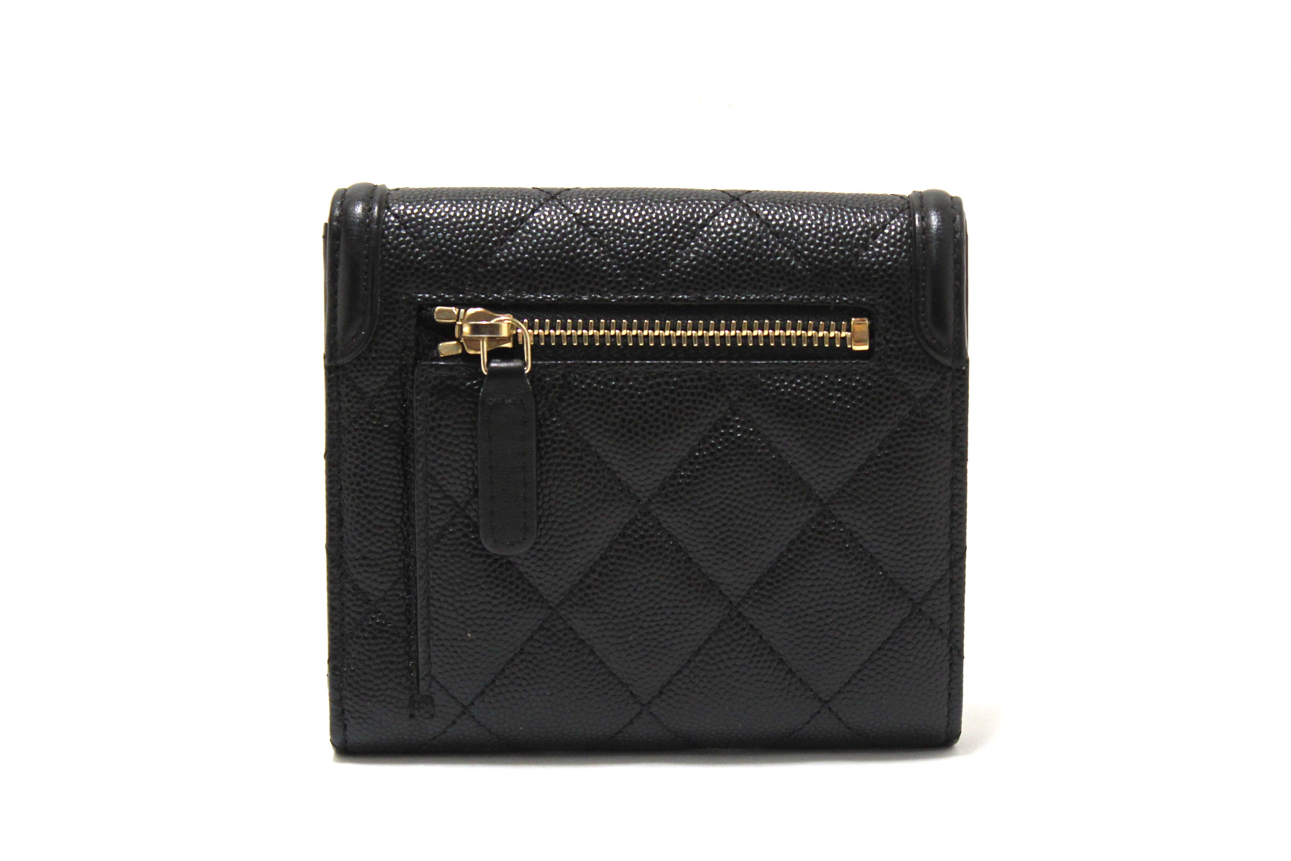 Authentic Chanel Black Caviar Leather CC Filigree Trifold Wallet
