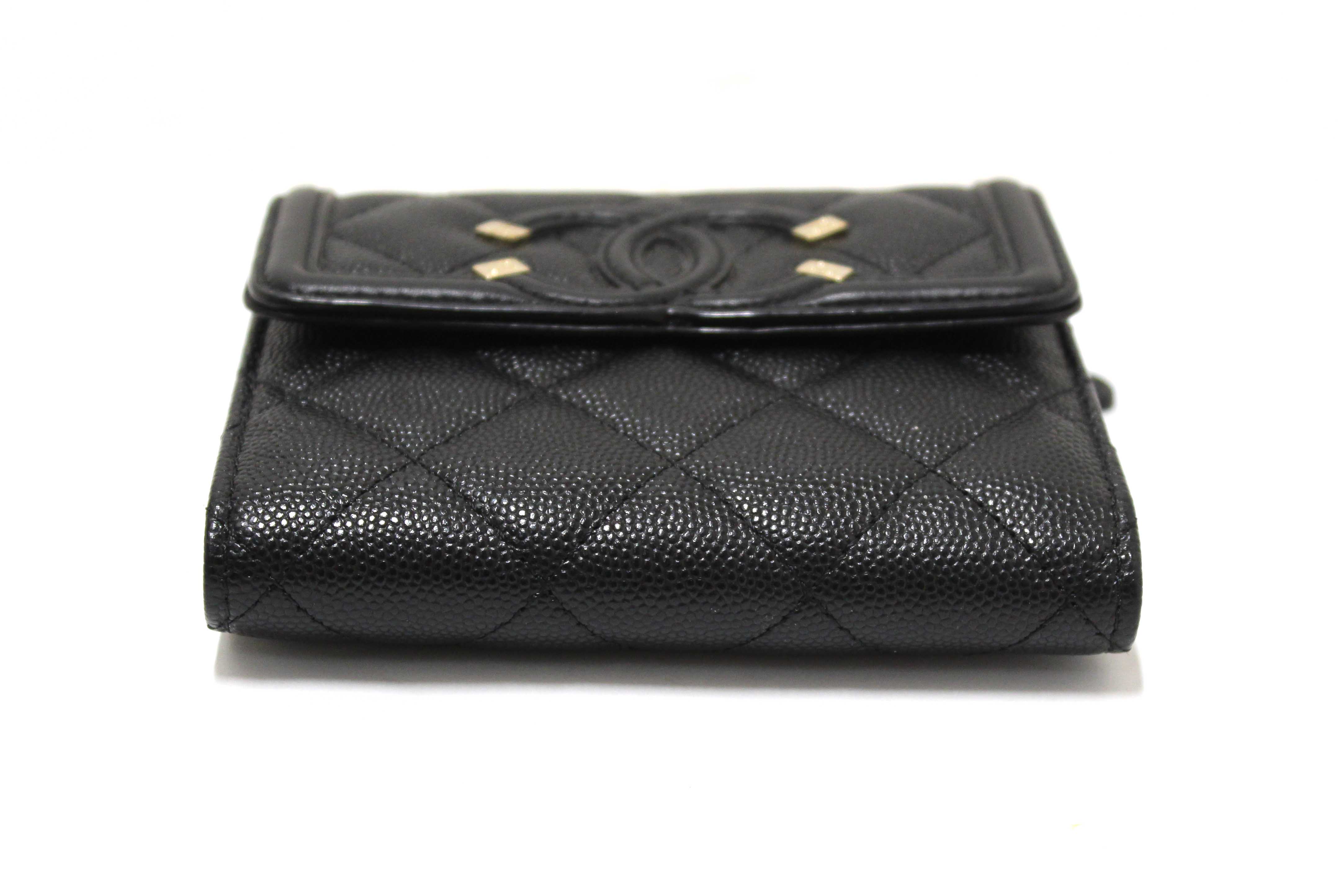 Authentic Chanel Black Caviar Leather CC Filigree Trifold Wallet