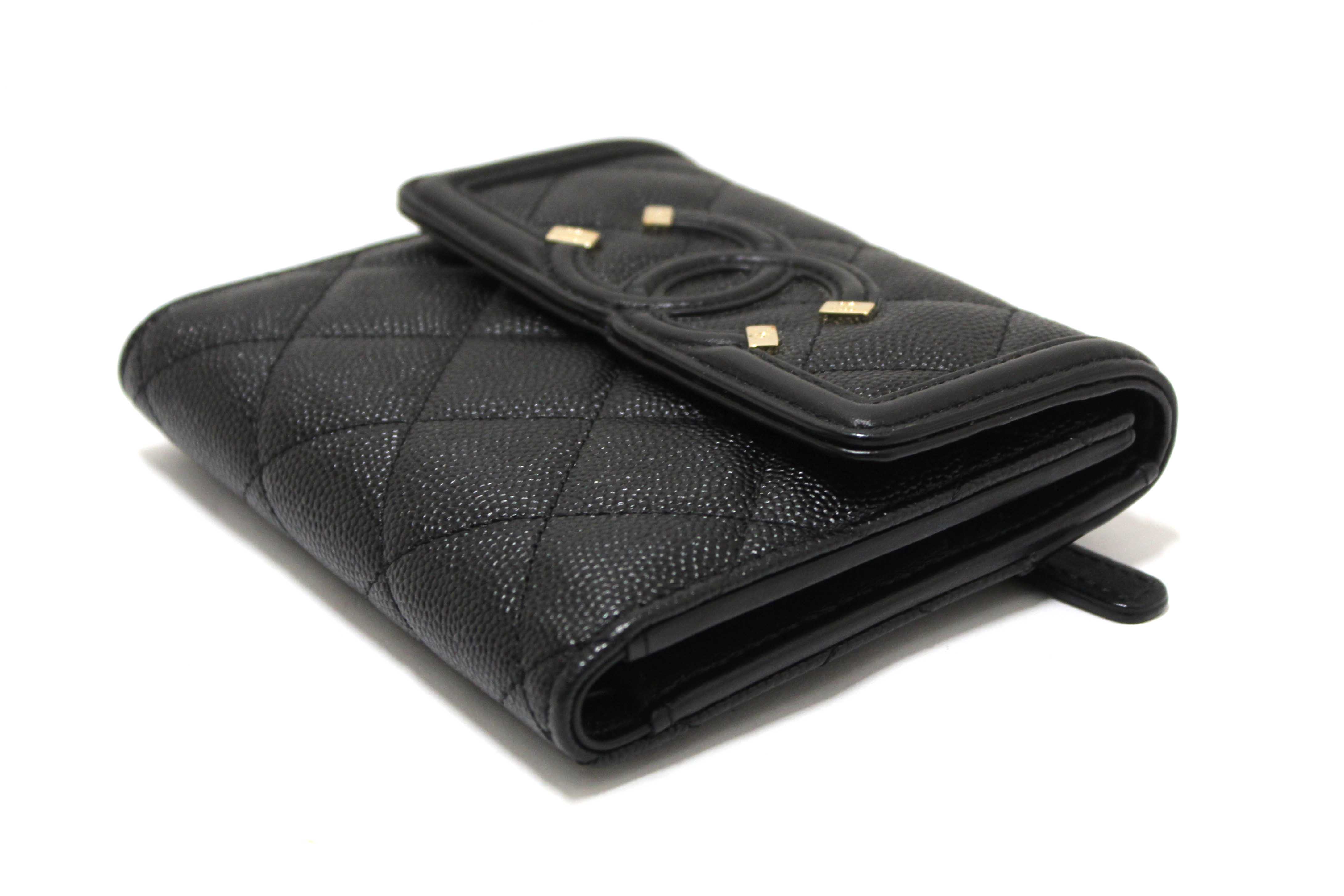 Authentic Chanel Black Caviar Leather CC Filigree Trifold Wallet