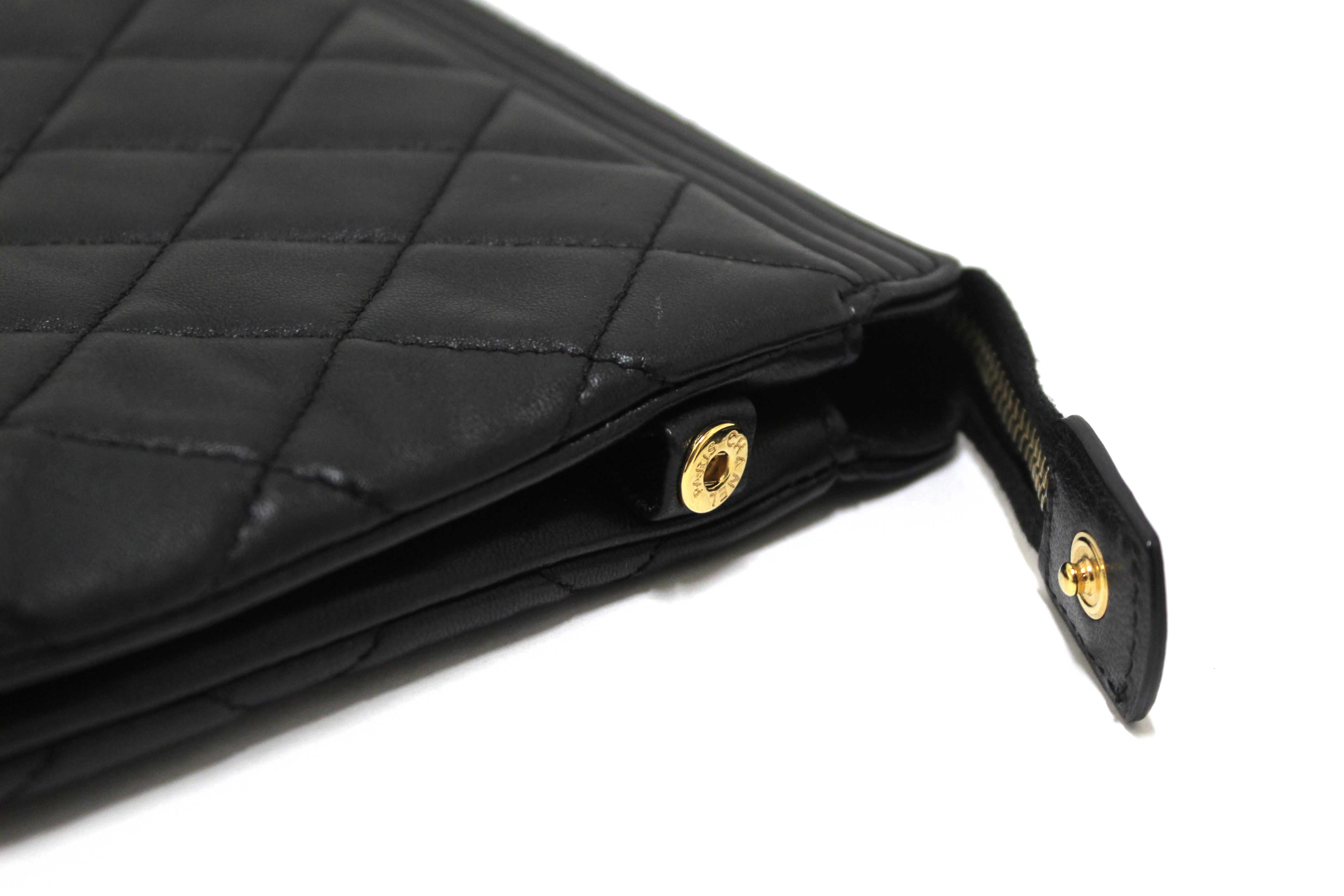 Authentic Chanel Black Lambskin Quilted Small Boy Zipped Pouch