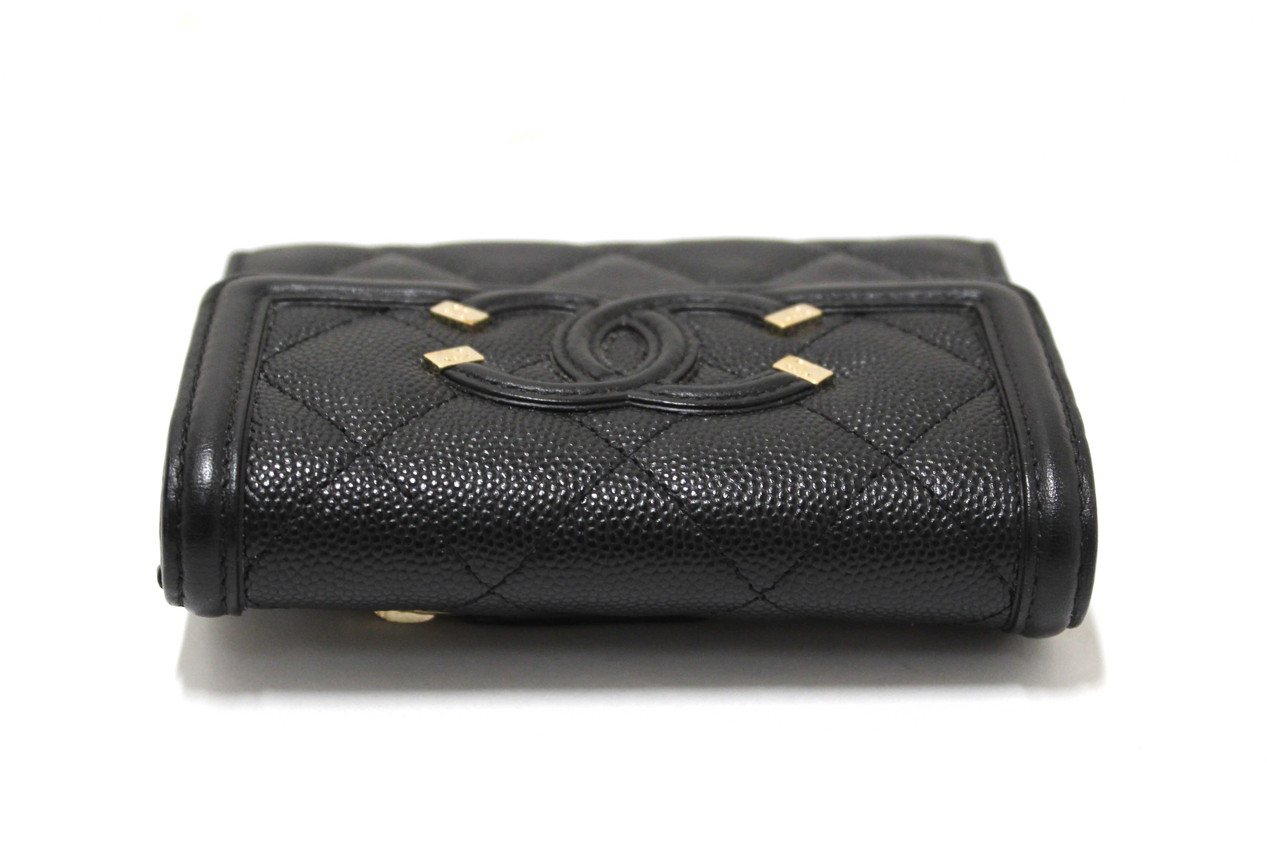 Authentic Chanel Black Caviar Leather CC Filigree Trifold Wallet